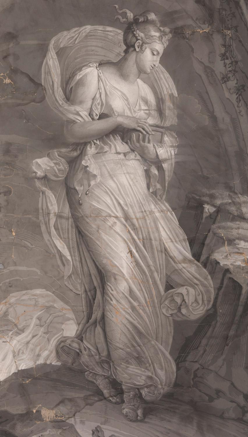 Manufacture Dufour, author.

Pair of greyness wallpapers by the Manufacture Dufour figuring two scenes from the history of Psyche and Cupid.
One represents Psyche, dressed in the Antique style, walking on a mineral landscape, emerging from Hell