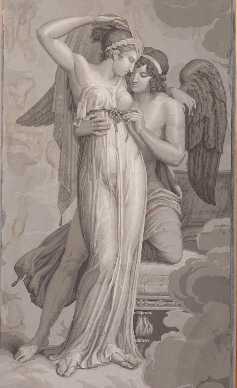 Painted Manufacture Dufour, Pair of Greyness Wallpapers Figuring Psyche and Cupid, Vers 