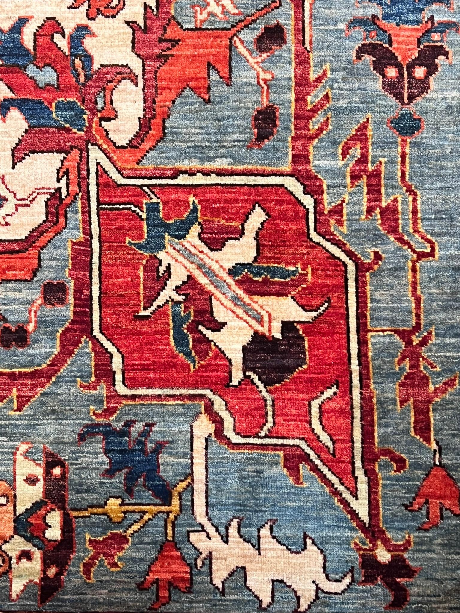 This interesting artifact comes from the Panjshir Valley in northern Afghanistan. High-quality carpets with patterns inspired by classic Persian carpets are made at this location. Our carpet in particular is reminiscent of ancient Serapi carpets,