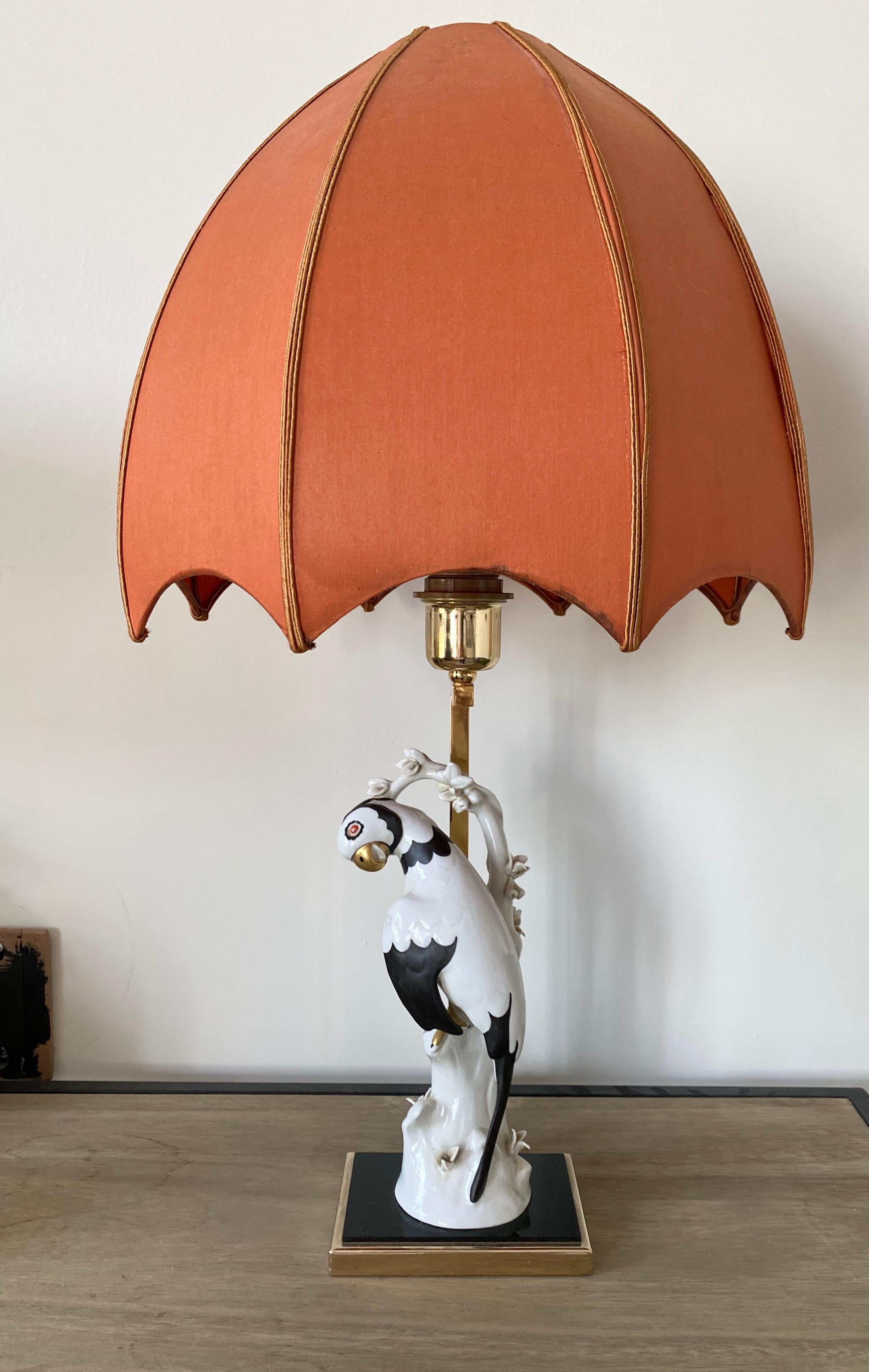 This absolute stunning and hand painted piece, was manufactured in Italy. The beautifully matched shade, comes from an old mansion in Paris and fits in an unusual way. The shade needs to be place to the foot and then the bulb needs to go in so that