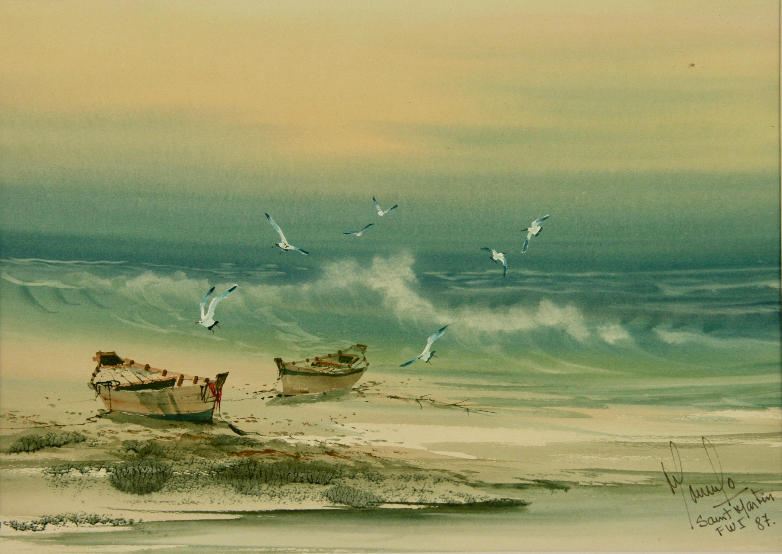 Impressionist Seascape Landscape Saint Martin Beach Scene 1987 - Painting by Manufo