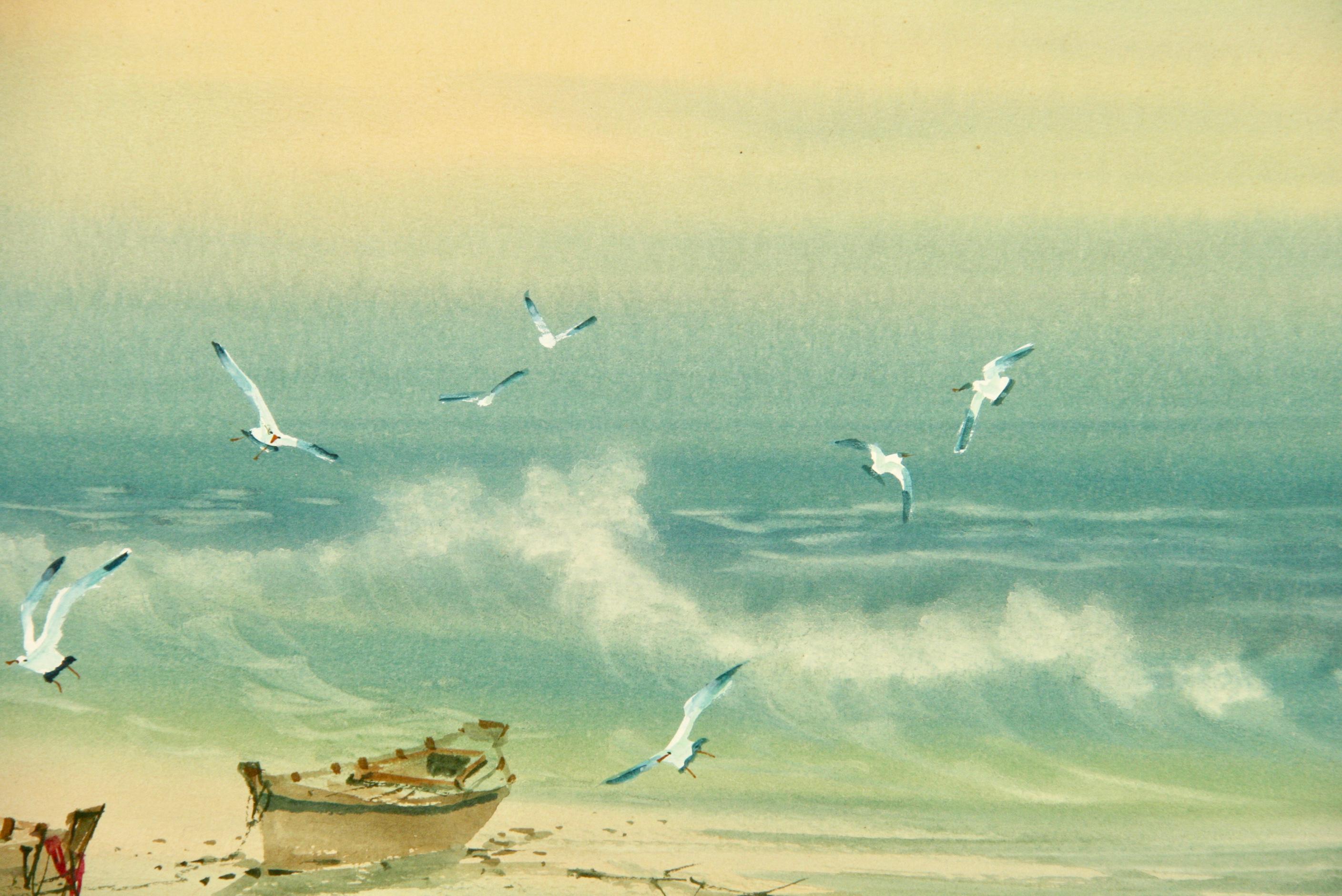 Impressionist Seascape Landscape Saint Martin Beach Scene 1987 - Beige Landscape Painting by Manufo