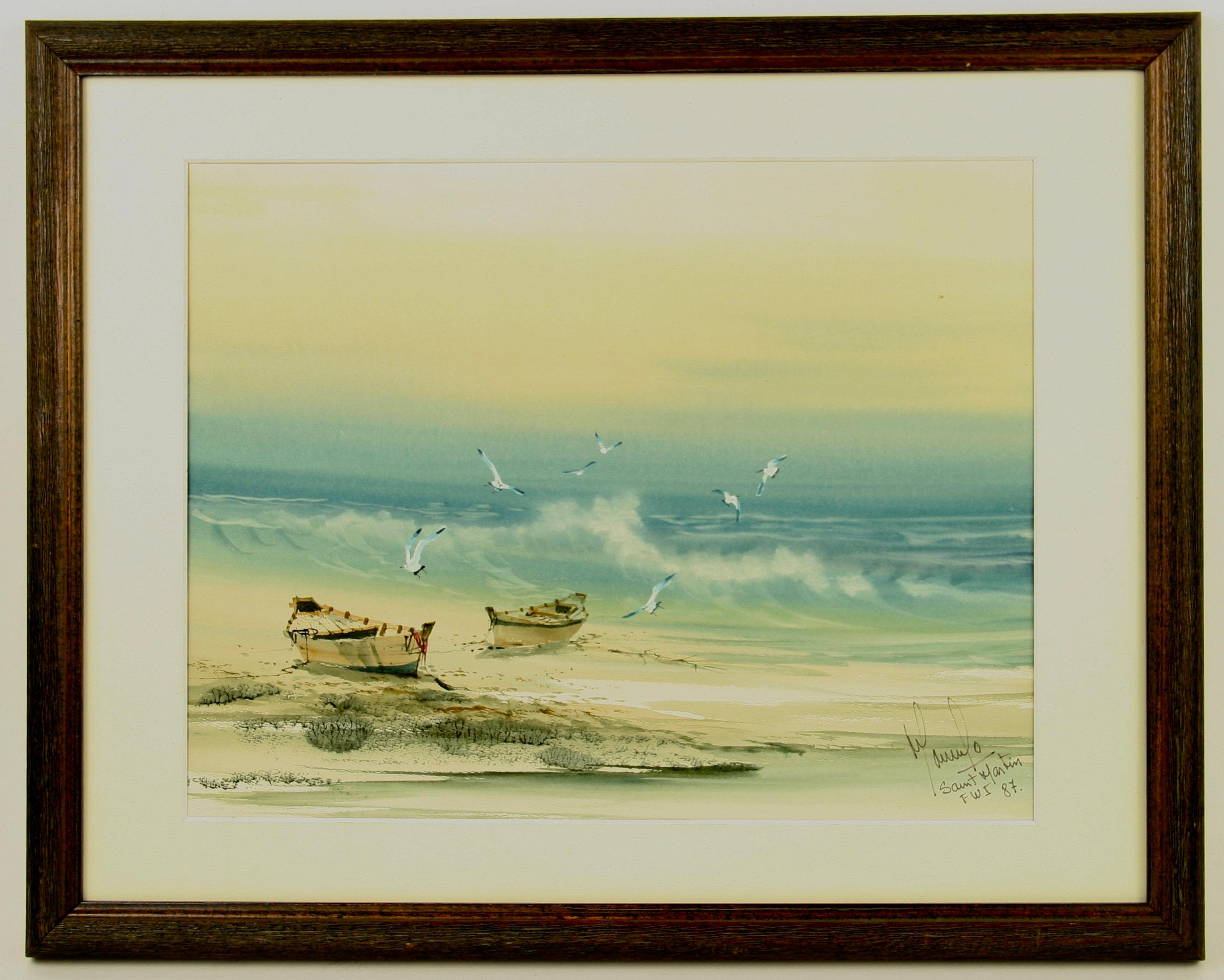 Manufo Landscape Painting - Impressionist Seascape Landscape Saint Martin Beach Scene 1987