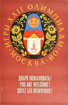 Original Vintage Sport Poster Moscow Olympics '80 Welcome Matryoshka Doll Design