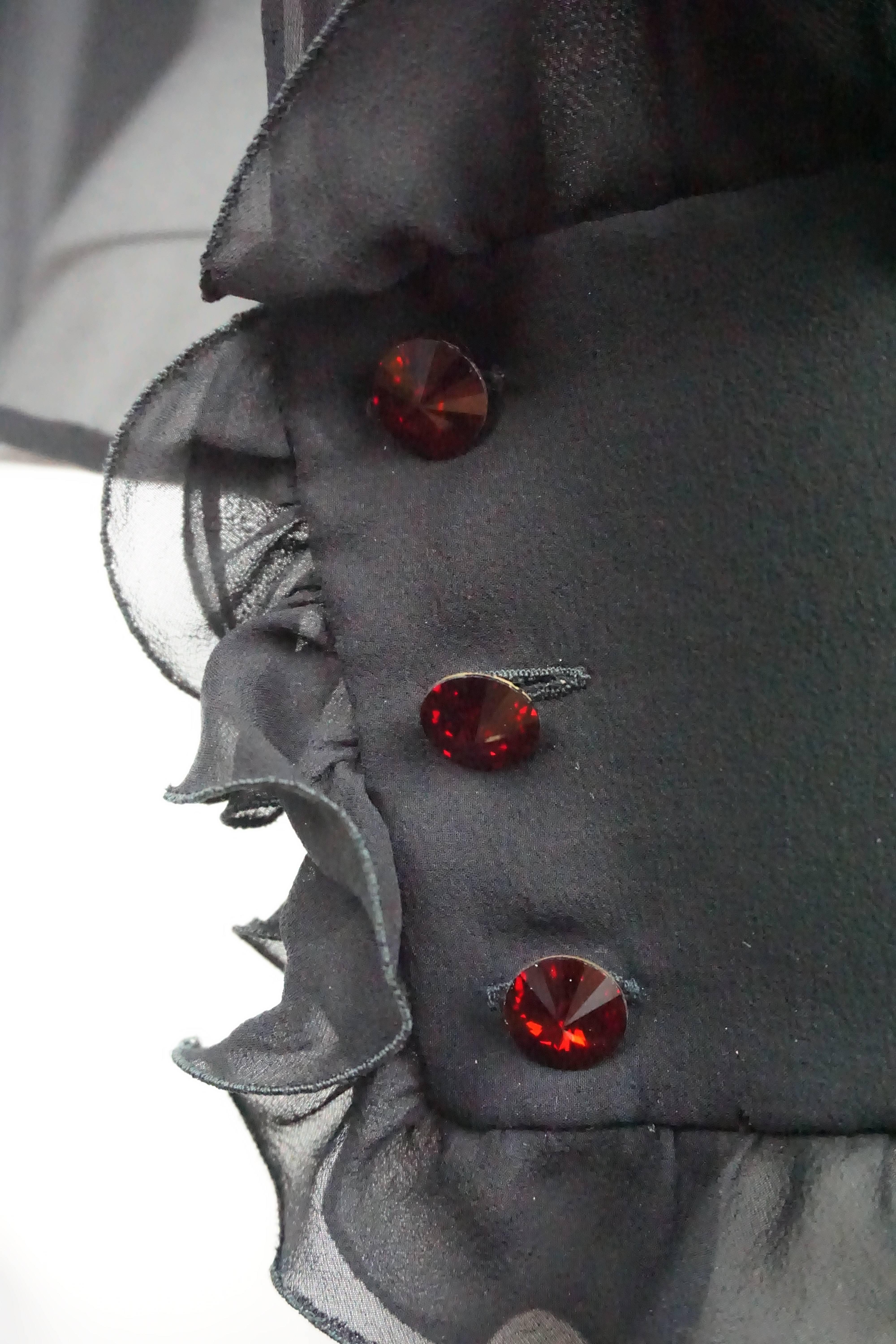 Women's Manzoni Black Silk Ruffle Blouse w/ Red Rhinestone Buttons - Medium 