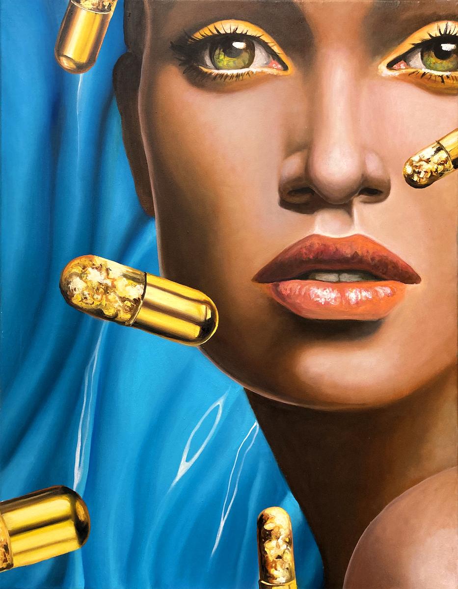 Manzur Kargar Figurative Painting - Golden Pills 2 - Contemporary, Pop Art, Figurative Art, modern, female Portrait