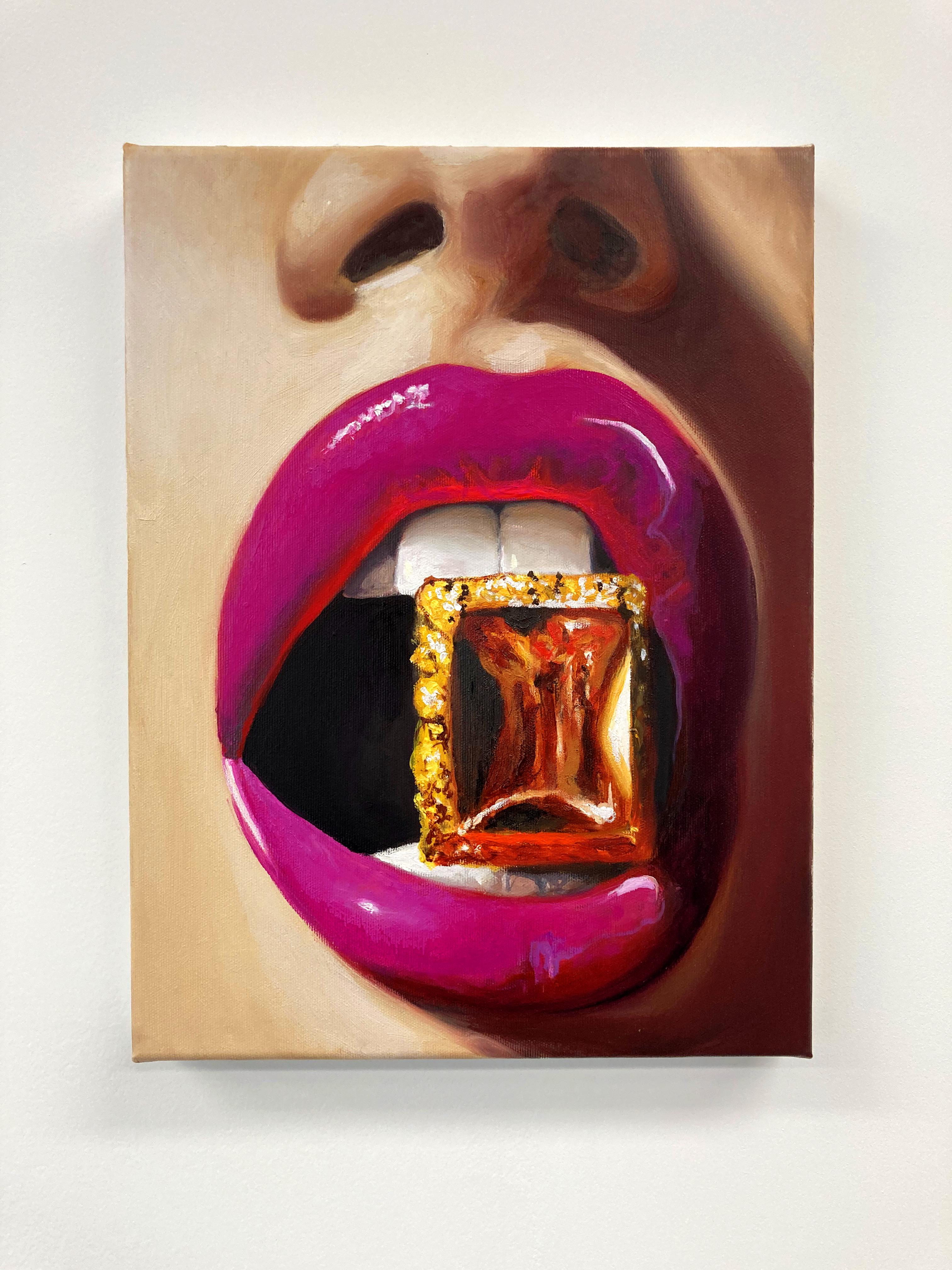 Ring - Contemporary, Pop Art, Lips, Figurative, modern, jewel, female Portrait - Painting by Manzur Kargar