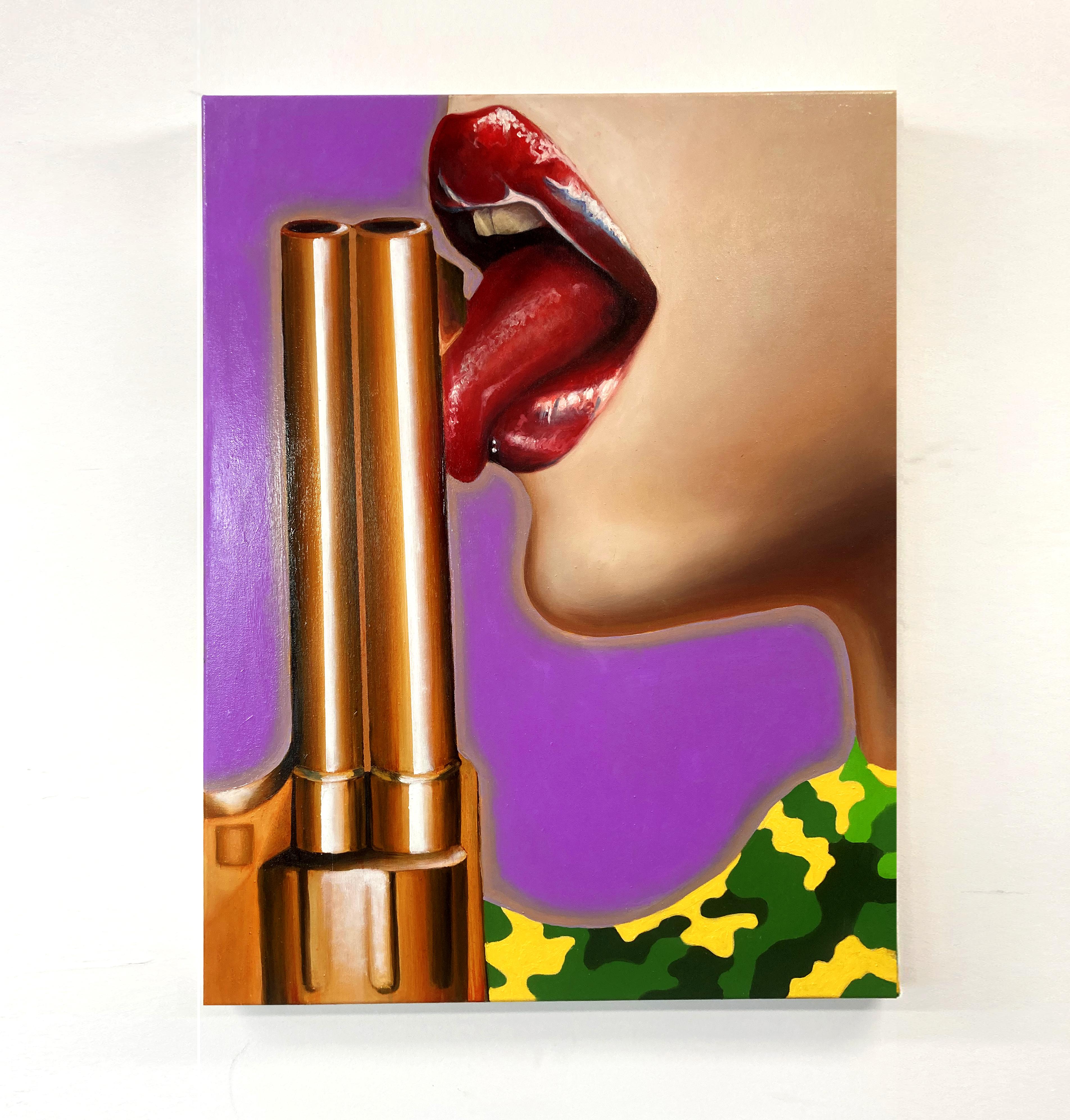 The Golden Gun -Contemporary, Pop Art, Figurative Art, modern, female Portrait - Painting by Manzur Kargar