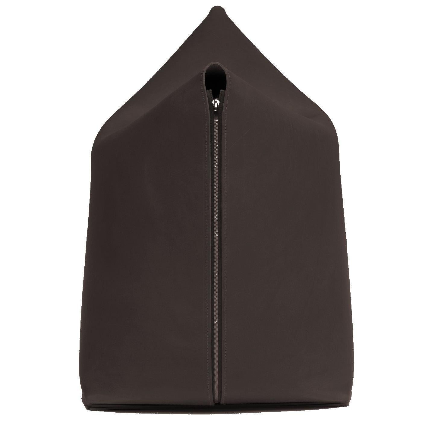 This refined beanbag chair is wrapped carefully in a single piece of dark brown leather, its folds resembling those of origami. The chair, taking on the shape of the face of a cat, makes for a very comfortable place to sit.