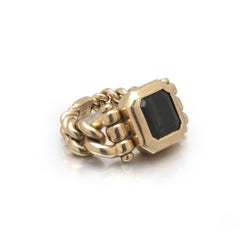 Maor 18KT Gold Chain Link Ring, Emerald Cut Green Tourmaline and Diamonds