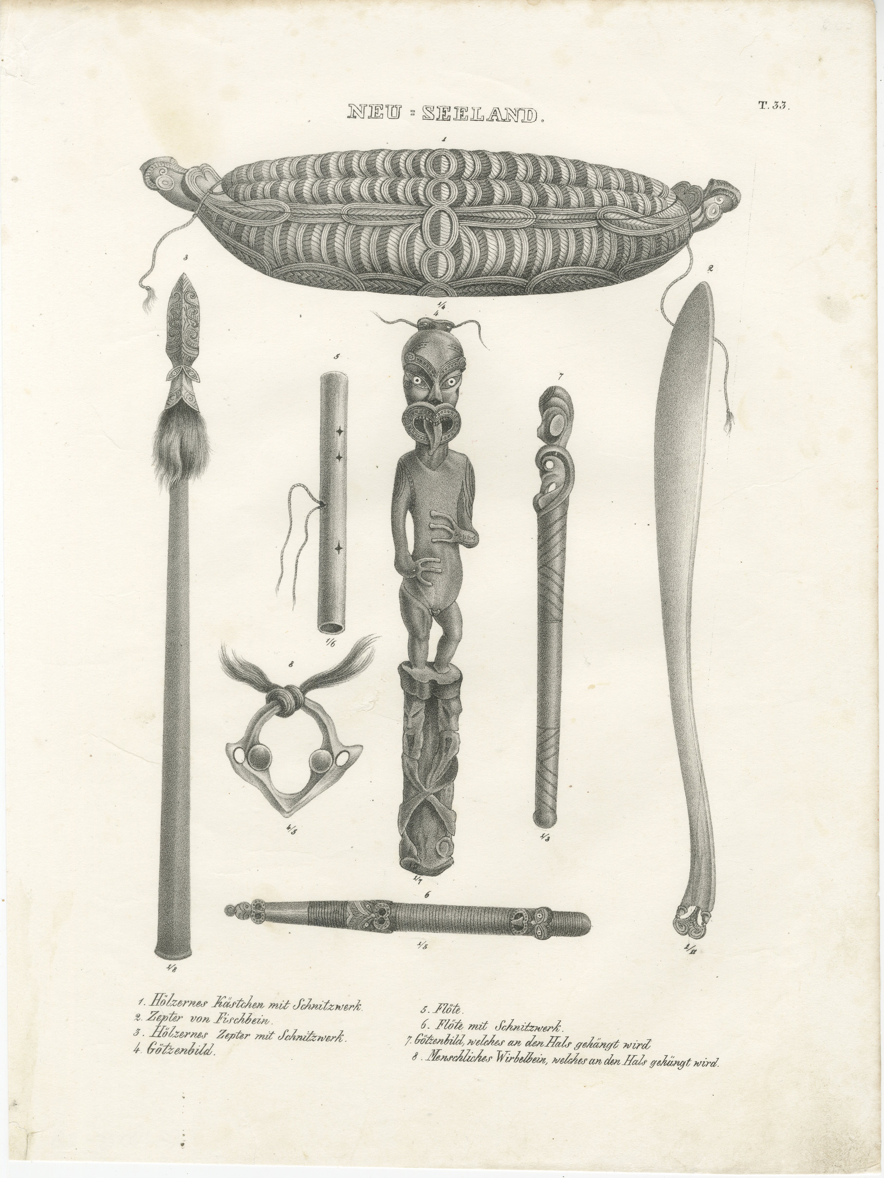 Title: Maori Artifacts: Carvings, Flutes, and Adornments from New Zealand  

Description: This detailed lithograph, circa 1836, showcases a remarkable collection of Maori artifacts, capturing the intricate craftsmanship of New Zealand's indigenous