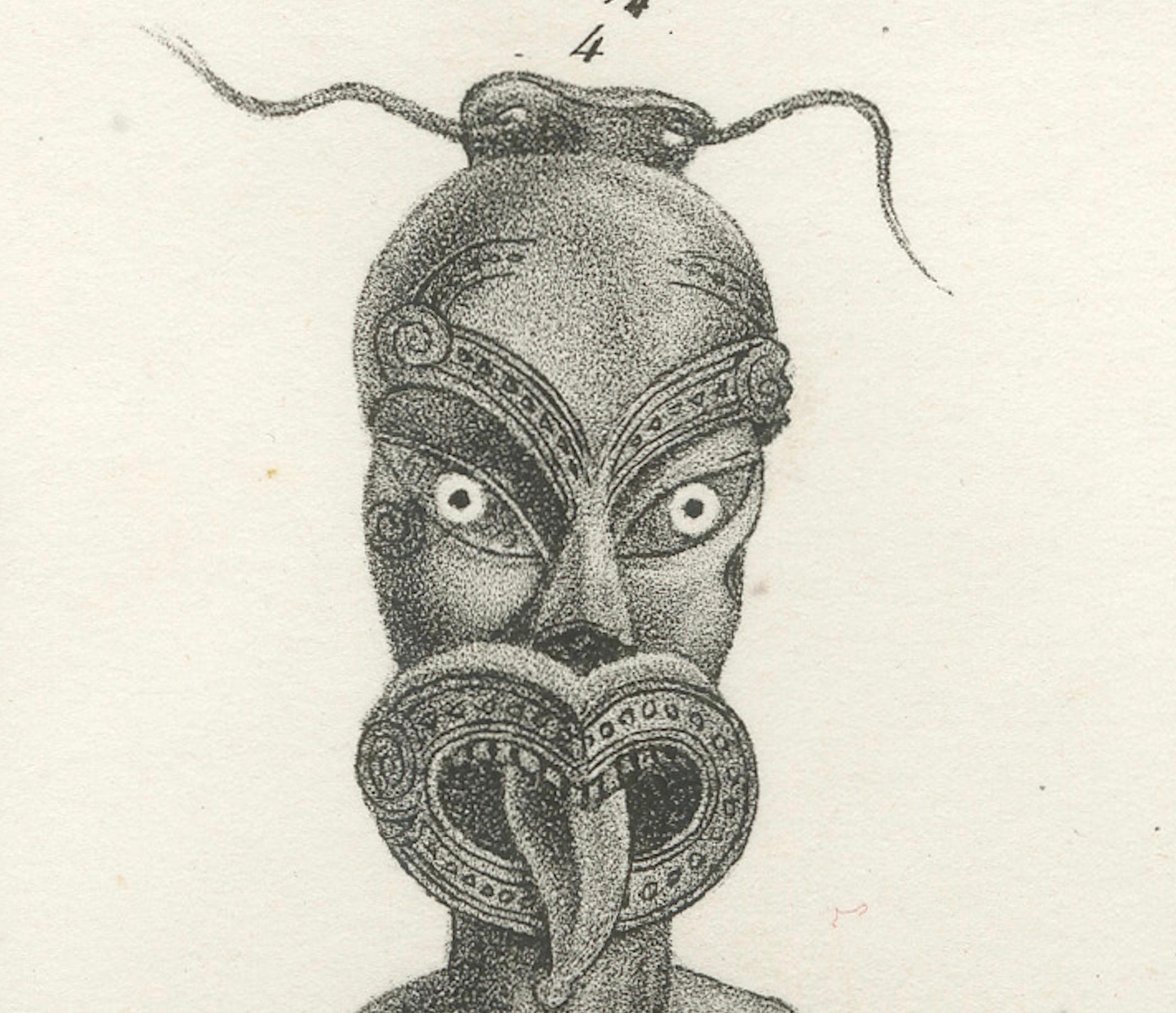 Maori Artifacts: Carvings, Flutes, and Adornments from New Zealand, 1836 Litho In Good Condition For Sale In Langweer, NL