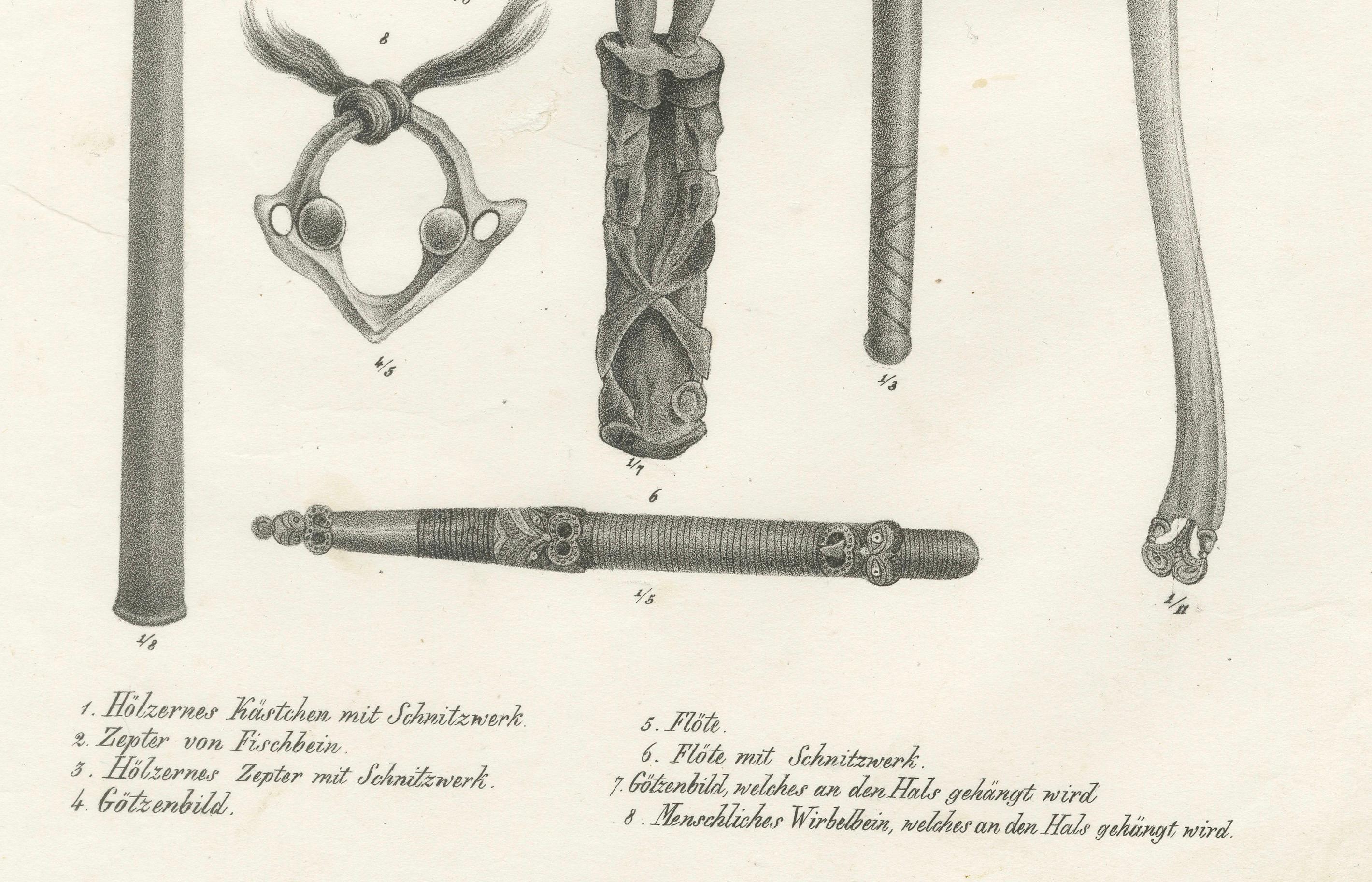 Mid-19th Century Maori Artifacts: Carvings, Flutes, and Adornments from New Zealand, 1836 Litho For Sale