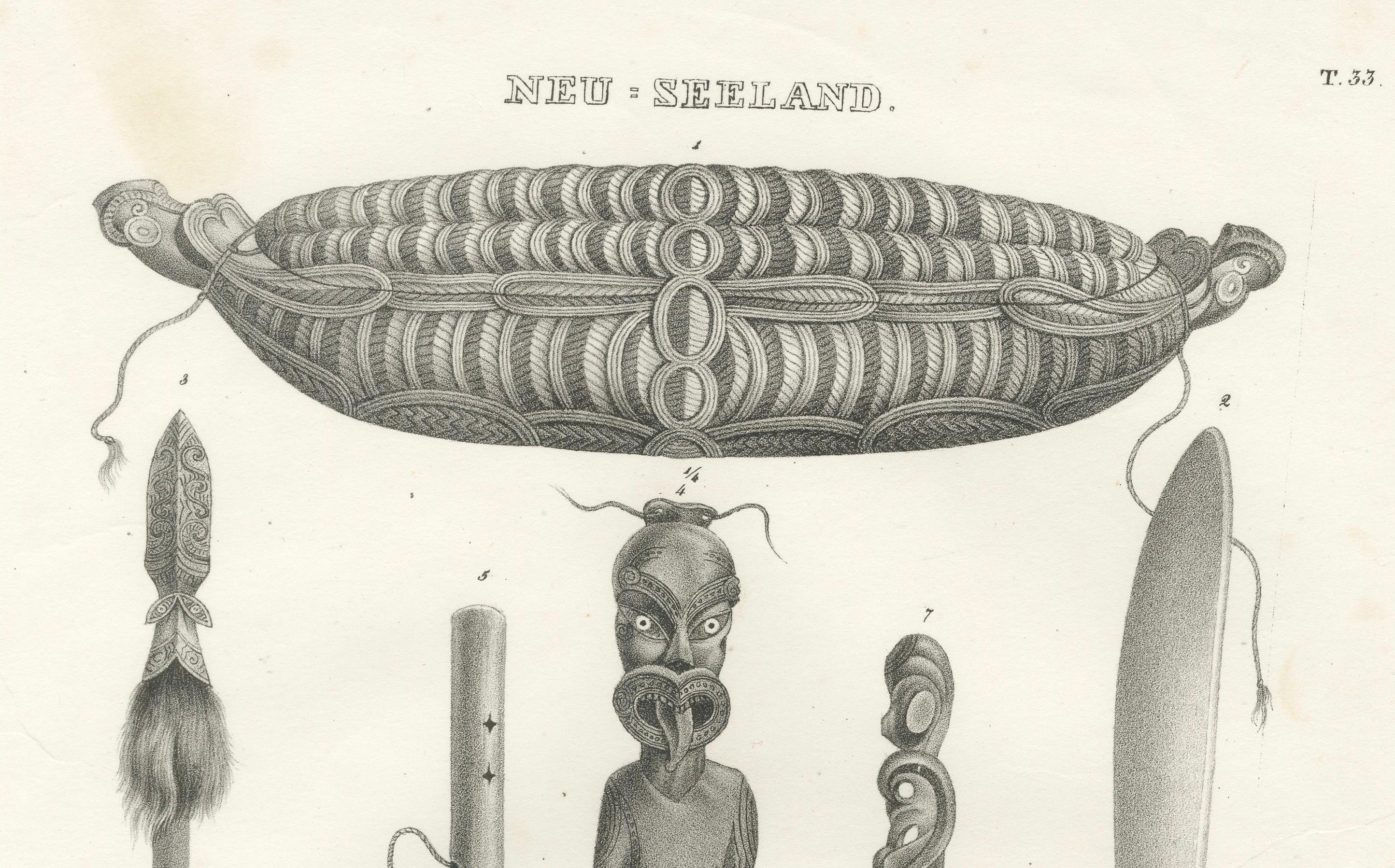Paper Maori Artifacts: Carvings, Flutes, and Adornments from New Zealand, 1836 Litho For Sale