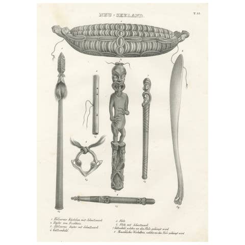 Maori Artifacts: Carvings, Flutes, and Adornments from New Zealand, 1836 Litho