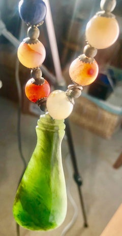 Exolette Maori Green Jade Pendant on a Lapis Agate Jade Silver Beaded Necklace