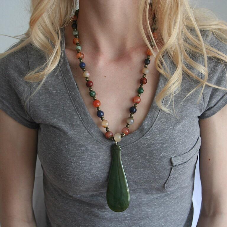 Contemporary Exolette Maori Green Jade Pendant on a Lapis Agate Jade Silver Beaded Necklace For Sale