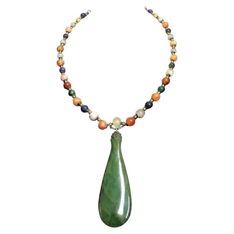 Exolette Maori Green Jade Pendant on a Lapis Agate Jade Silver Beaded Necklace For Sale