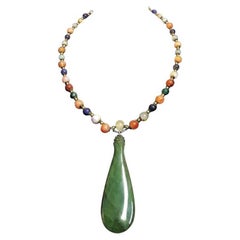 Exolette Maori Green Jade Pendant on a Lapis Agate Jade Silver Beaded Necklace