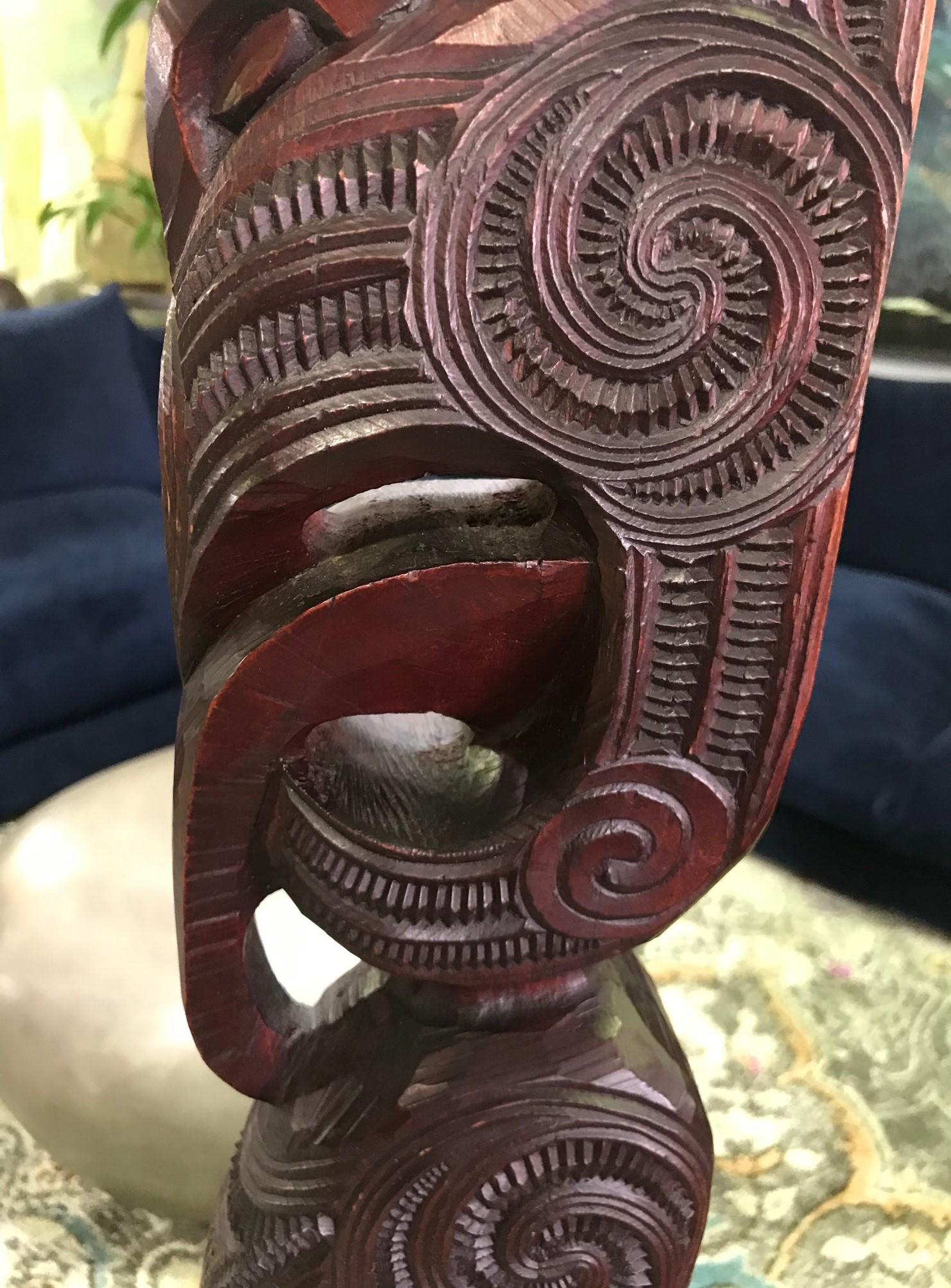 Shell Maori New Zealand Large Carved Wood TOTEM Tribal Figure