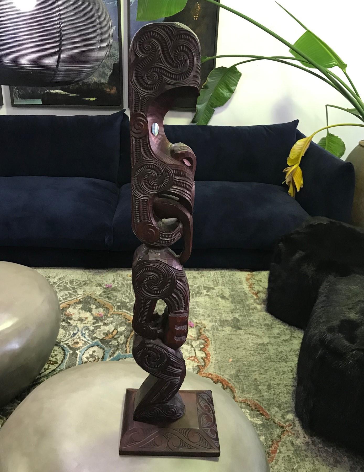 Maori New Zealand Large Carved Wood TOTEM Tribal Figure 2