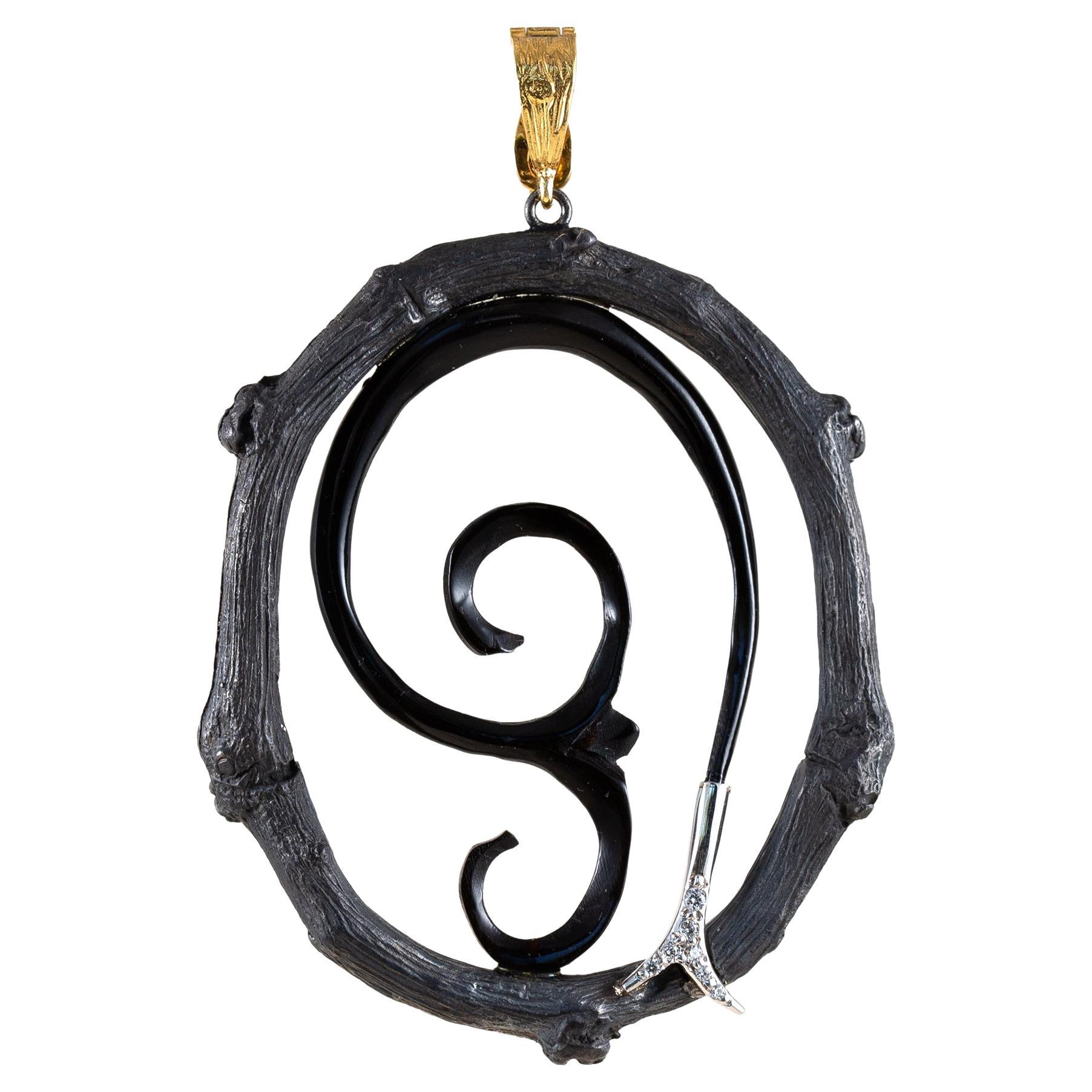 Hand-Carved Time Traveler Pendant with Diamonds 