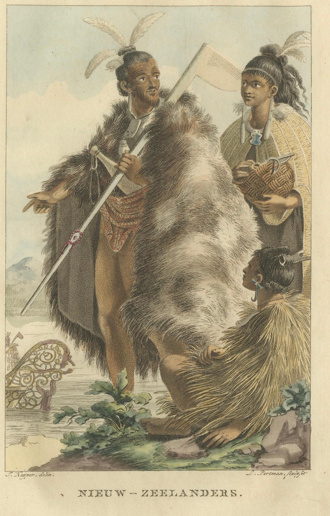 Traditionelle Maori-Kleidung - Antiker handkolorierter Kupferstich, Neuseeland, 1803 (Niederländisch) im Angebot