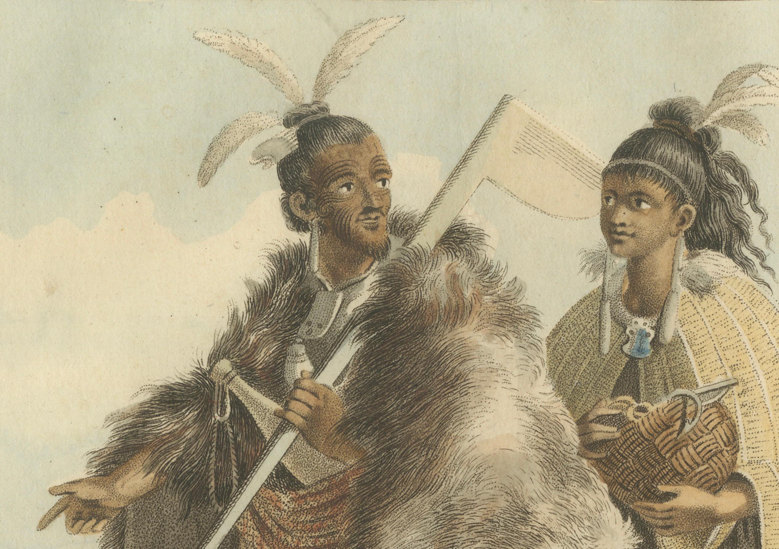Traditionelle Maori-Kleidung - Antiker handkolorierter Kupferstich, Neuseeland, 1803 (Graviert) im Angebot