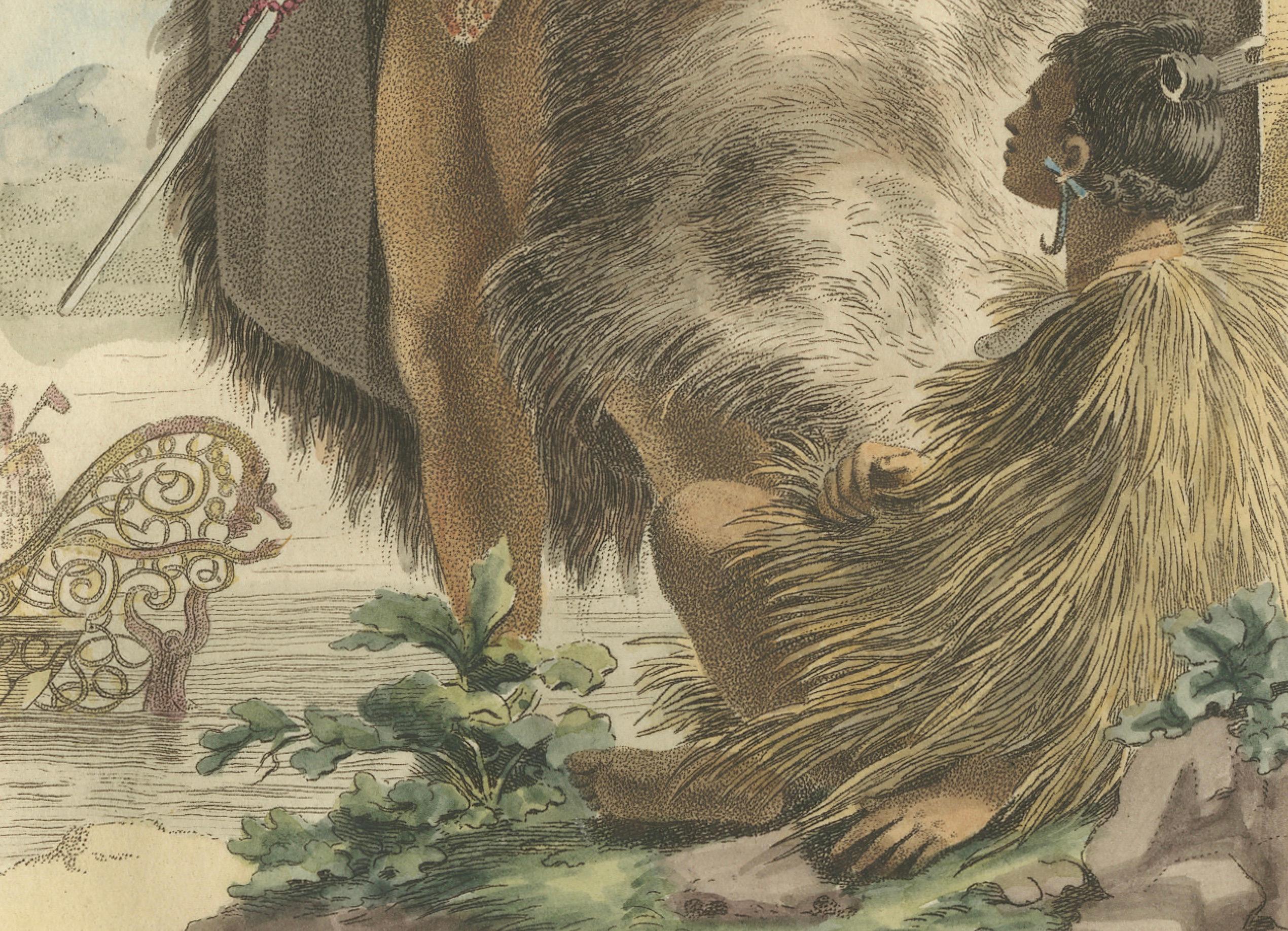 Traditionelle Maori-Kleidung - Antiker handkolorierter Kupferstich, Neuseeland, 1803 im Zustand „Gut“ im Angebot in Langweer, NL