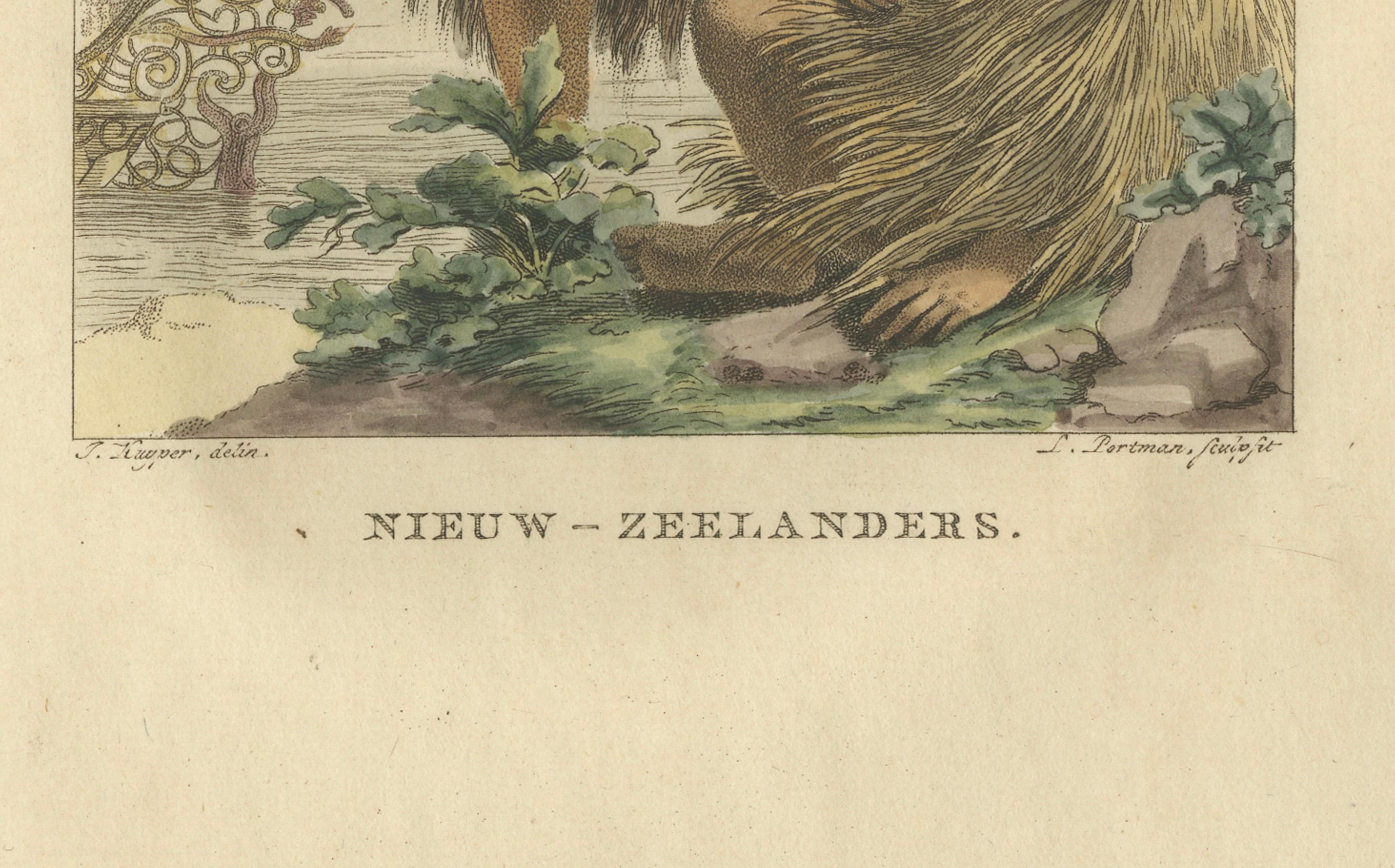 Traditionelle Maori-Kleidung - Antiker handkolorierter Kupferstich, Neuseeland, 1803 (19. Jahrhundert) im Angebot