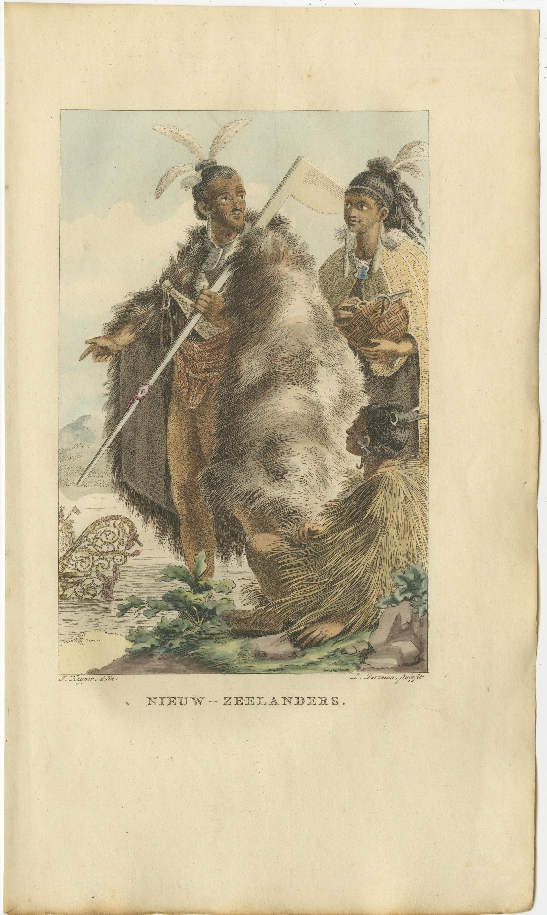 Traditionelle Maori-Kleidung - Antiker handkolorierter Kupferstich, Neuseeland, 1803 (Papier) im Angebot
