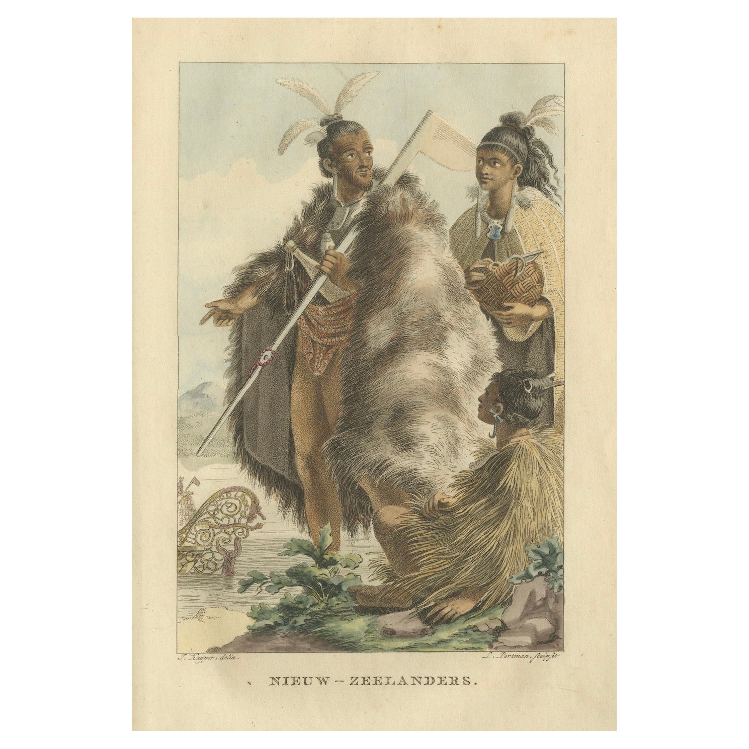 Robe traditionnelle maorie - Gravure ancienne coloriée à la main, Nouvelle-Zélande, 1803