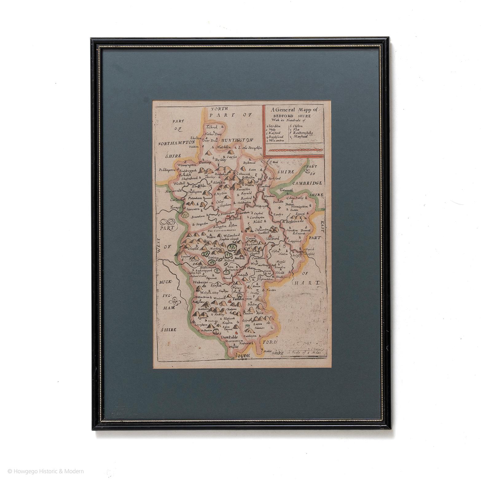 A general map of Bedfordshire with its hundreds
A scale of 5 miles
in the original green mount and traditional black and gold frame. Measures: 36cm 14