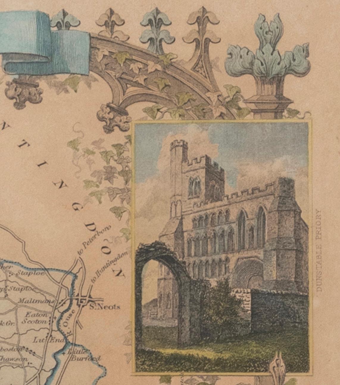 Kartenkarte Bedfordshire WilliamSchmollinger Dunstable Priory Woburn Abbey Moules Gotik (Viktorianisch) im Angebot