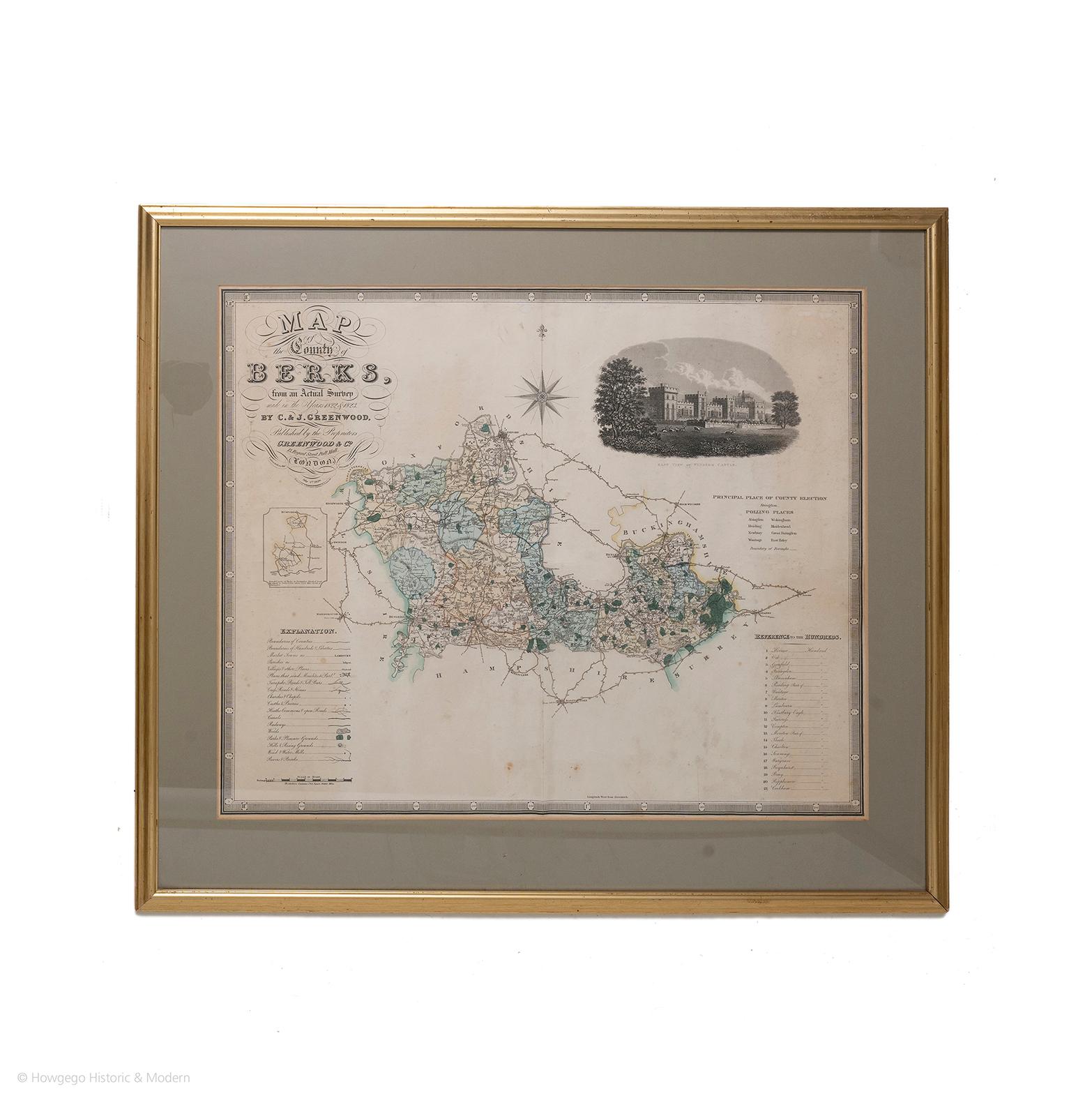 Map of the County of Berkshire from an Actual Survey made in the Years 1822 & 1823 by C&J Greenwood 
Published by the Proprietors Greenwood & Co 13 Regent Street Pall Mall London July 4th 1829

A large colored map of Berkshire: with a black &
