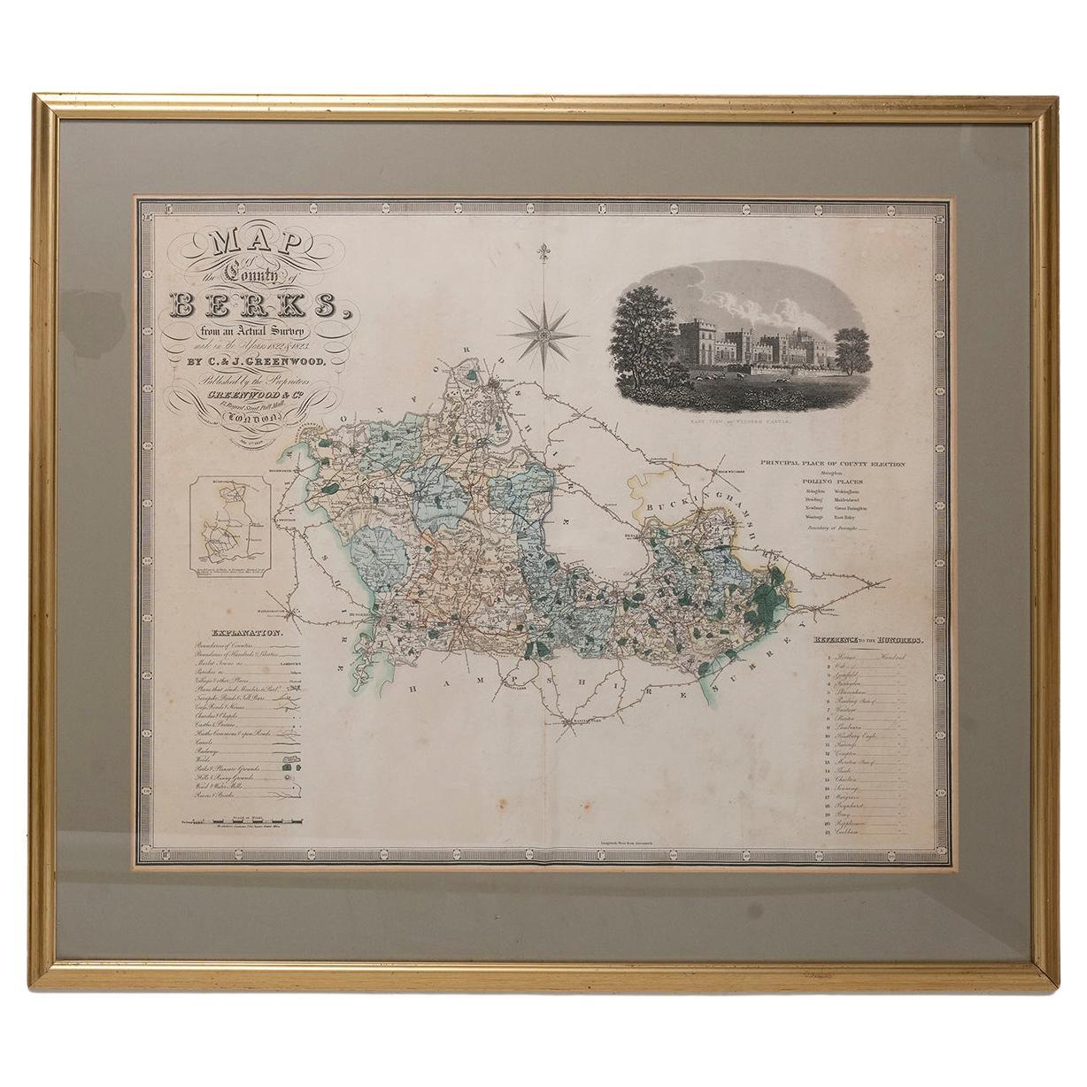 Carte du Berkshire C&J Greenwood Castle JDower Polling Hundreds 86cm 34 long en vente