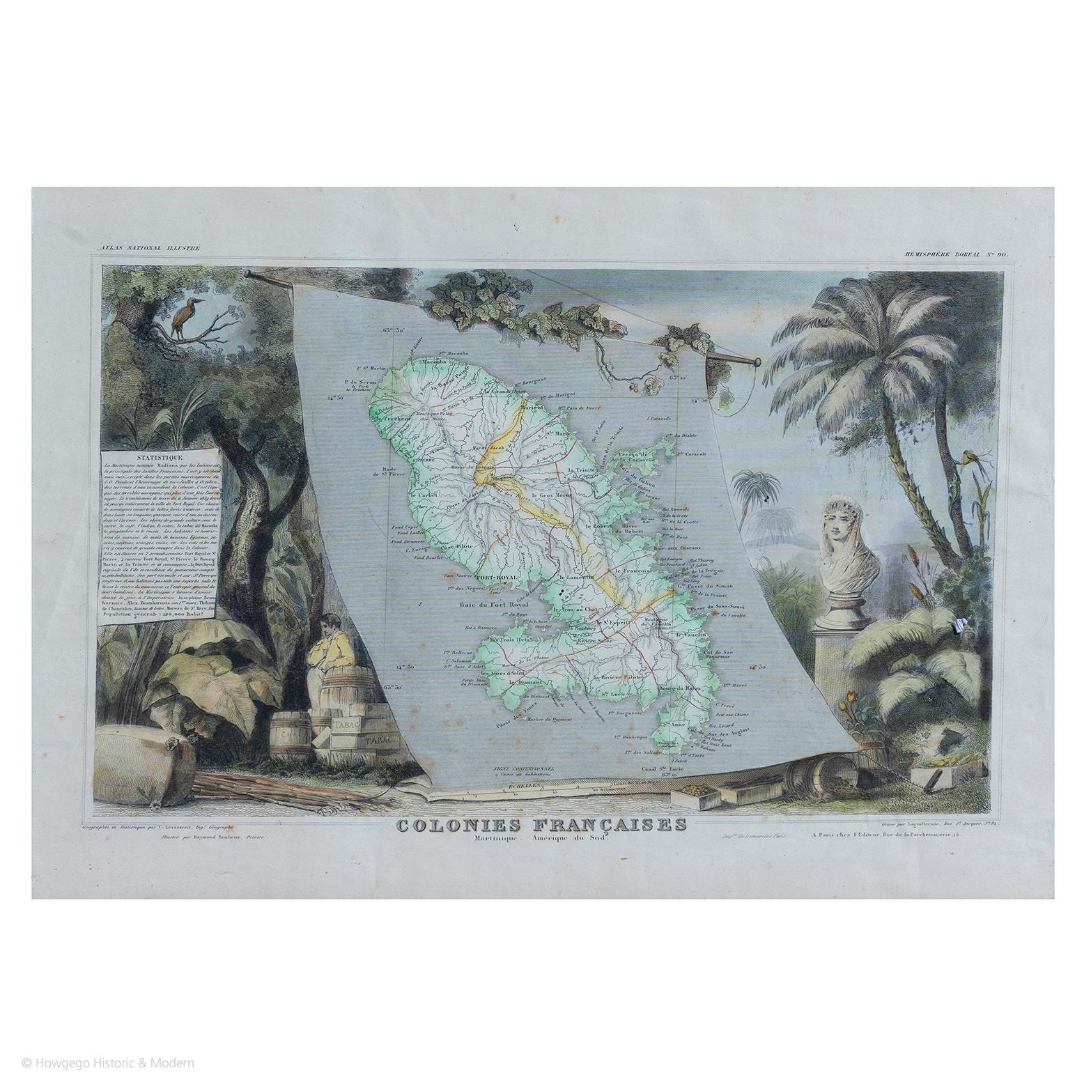 French Map Colonies Francaises Martinique, 1845 For Sale