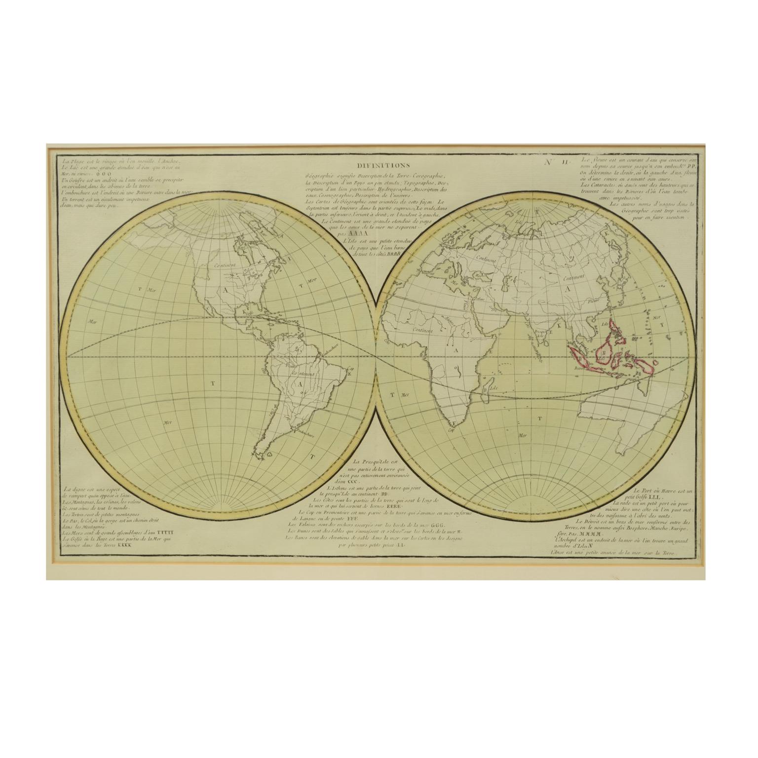 Geographical map depicting the entire earth's surface divided into two parts that correspond to the two hemispheres where the emerged lands are depicted which have been classified with letters based on the morphology of the land. The continents are