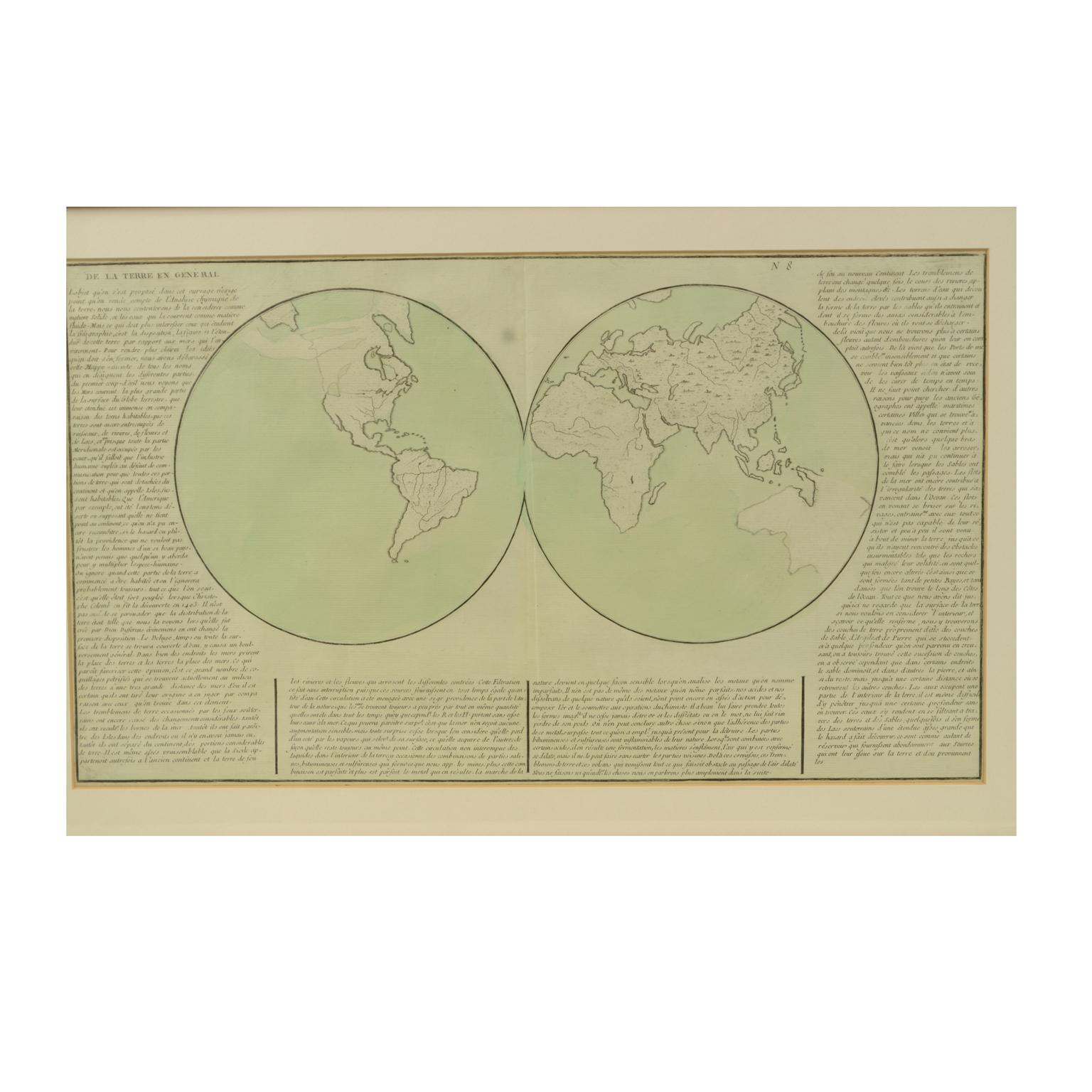 Geographical map depicting the entire earth's surface divided into two parts that correspond to the two hemispheres or globes, the map deals with the earth in general. Detailed explanation in French. Print on etching paper on copper plate, Coeval
