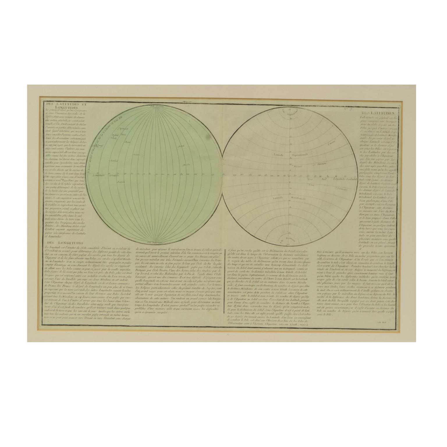 Geographical map depicting the entire earth’s surface divided into two parts that correspond to the two hemispheres or globes, the map deals with the latitudes and longitudes, the meridian 0 is indicated, also called the meridian of France fixed by