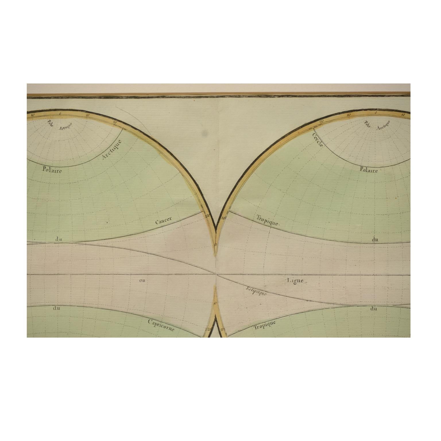 Glass 1850 Old French Map Depicting the Entire Earth's Surface Divided into Two Parts For Sale
