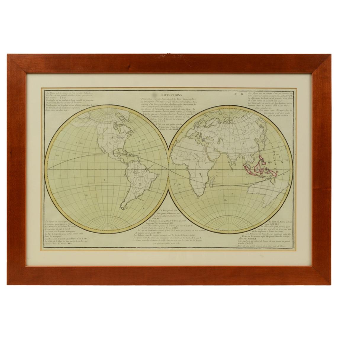 Carte française ancienne de 1850 représentant toute la surface de la Terre divisée en deux parties