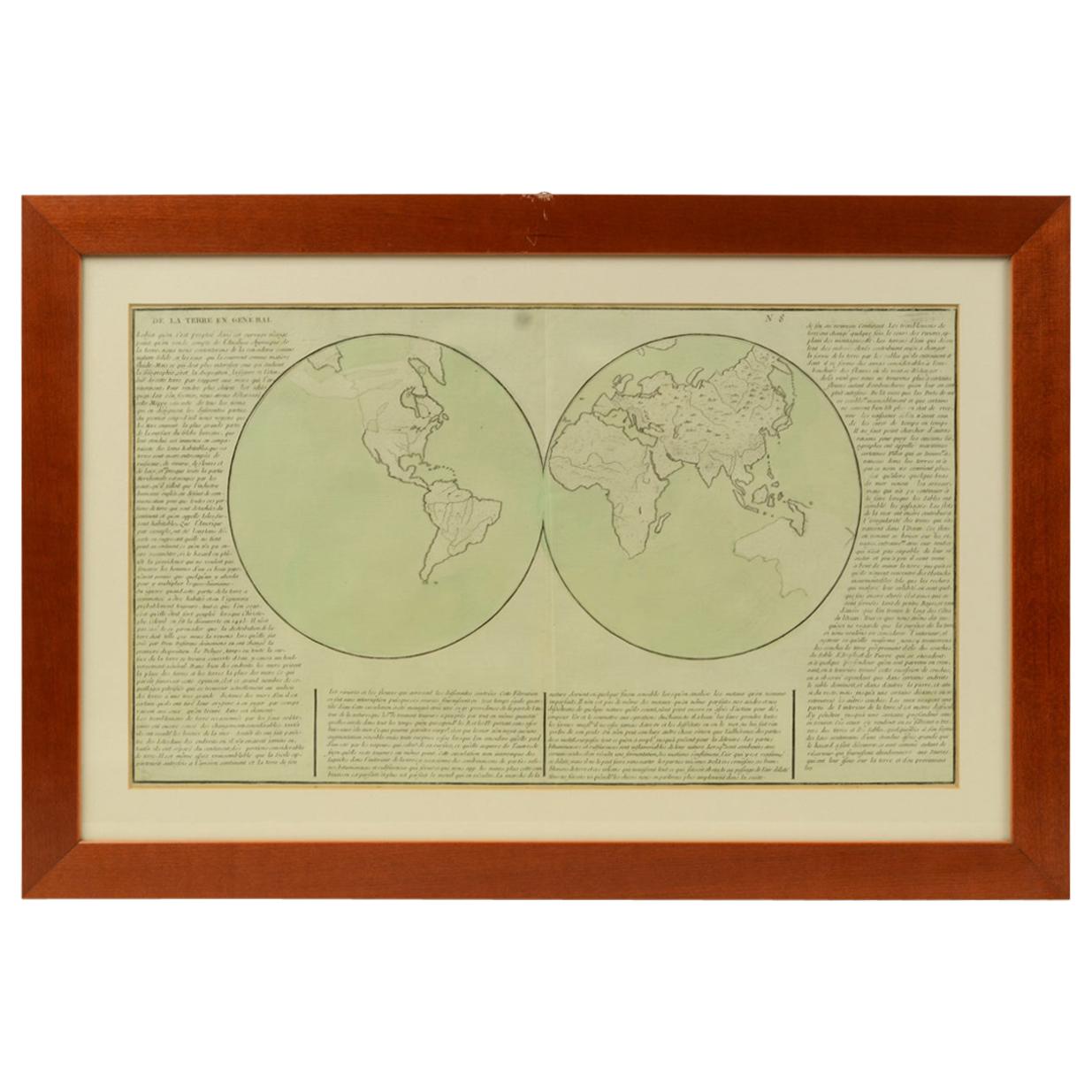 1850 Old French Map Depicting the Entire Earth's Surface Divided into Two Parts