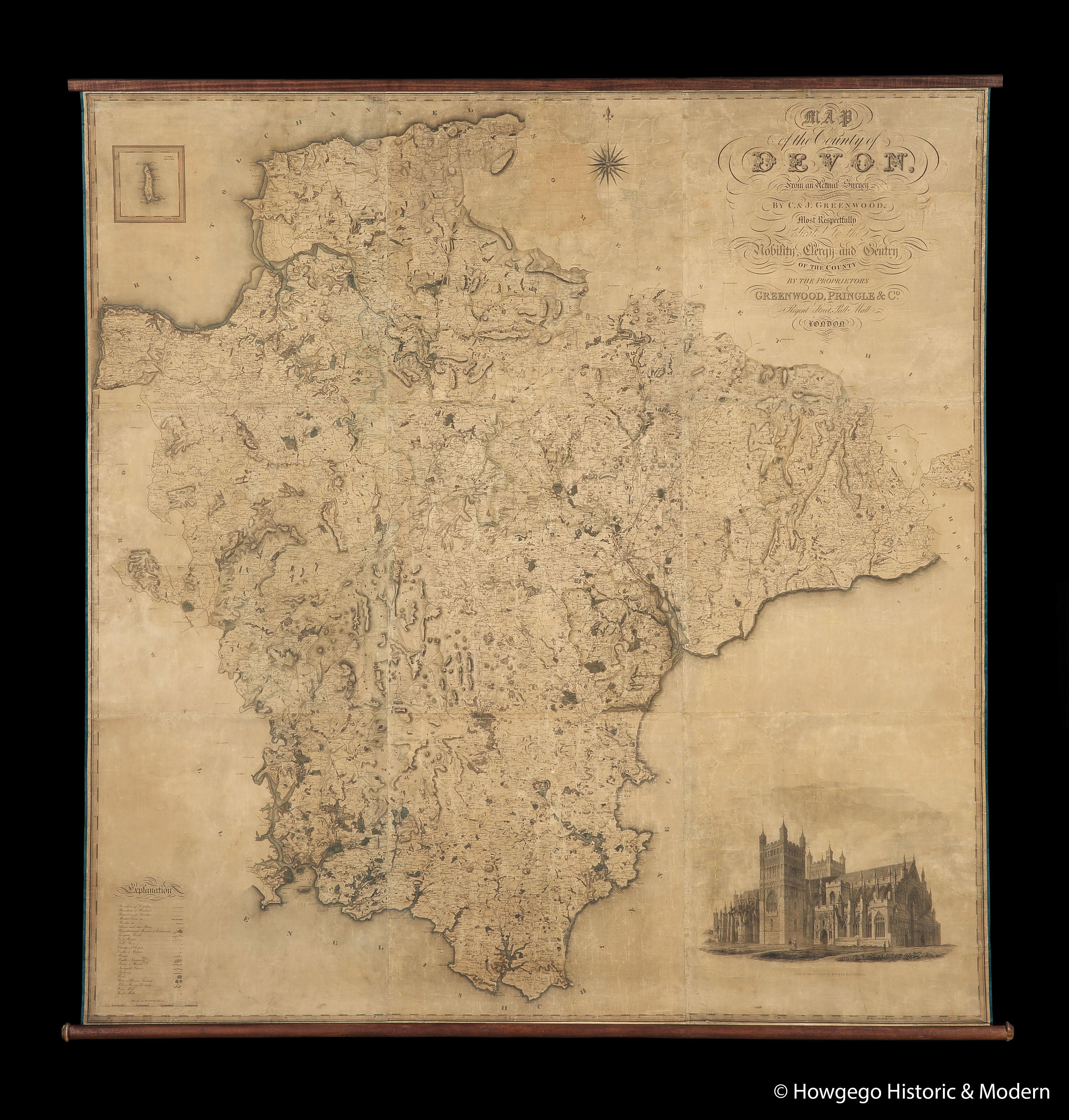 C & J GREENWOOD MAP OF THE COUNTY OF DEVON, FROM AN ORIGINAL SURVEY, PUBLIED 1827, WITH ENGRAVING OF EXETER CATHEDRAL AND MAP OF LUNDY INSET, 6ft 2 ¼