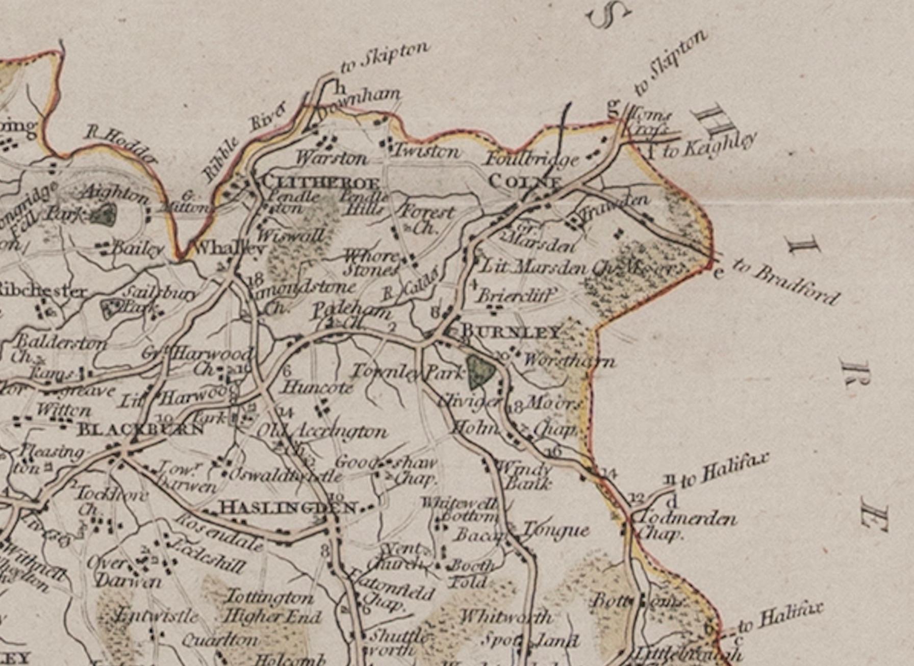 Mapa Lancashire 1793 John Cary grabador 37cm 14 1/2