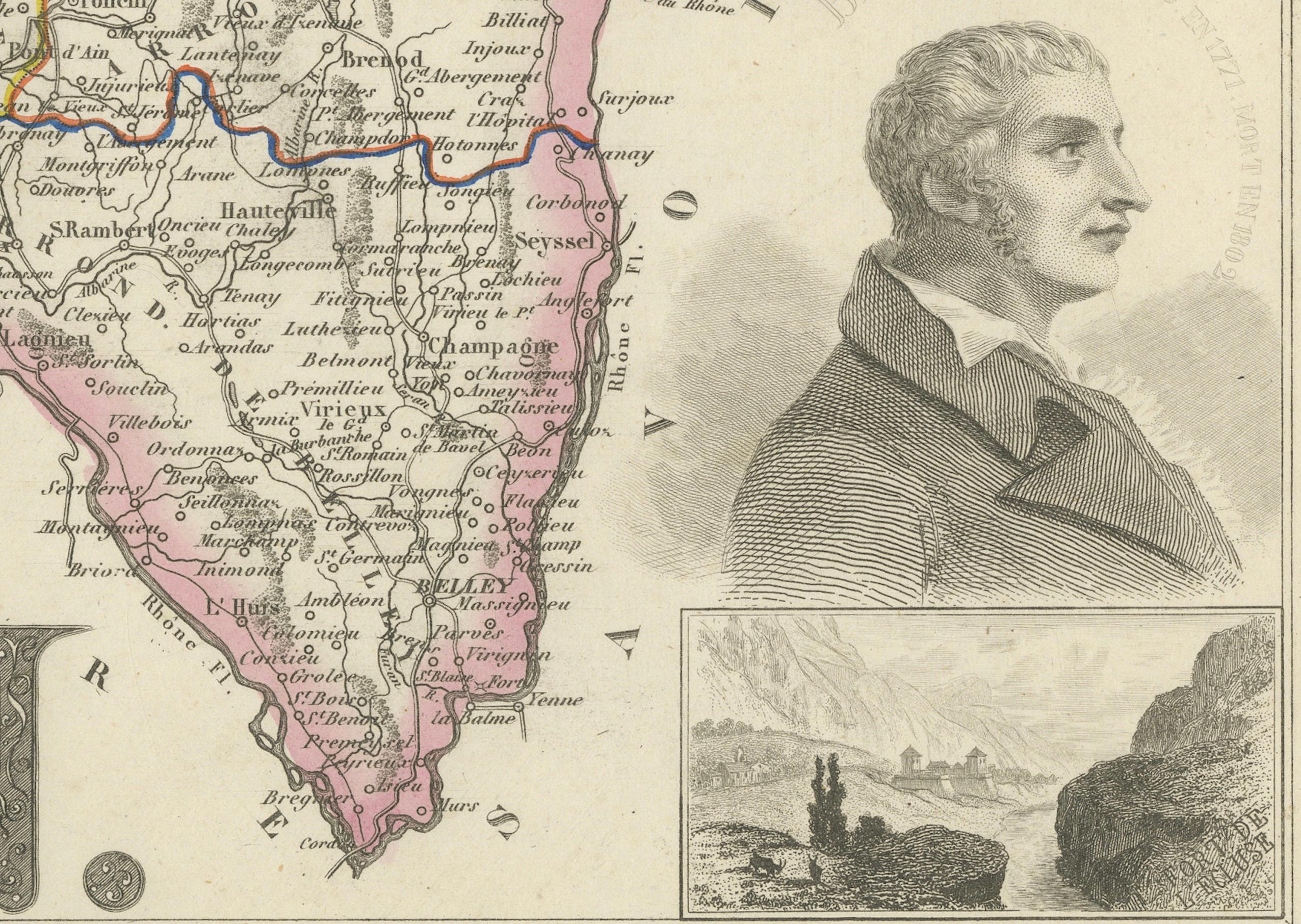 French Map of Ain France with Vineyards of Bugey and Notable Portraits, c.1850 For Sale