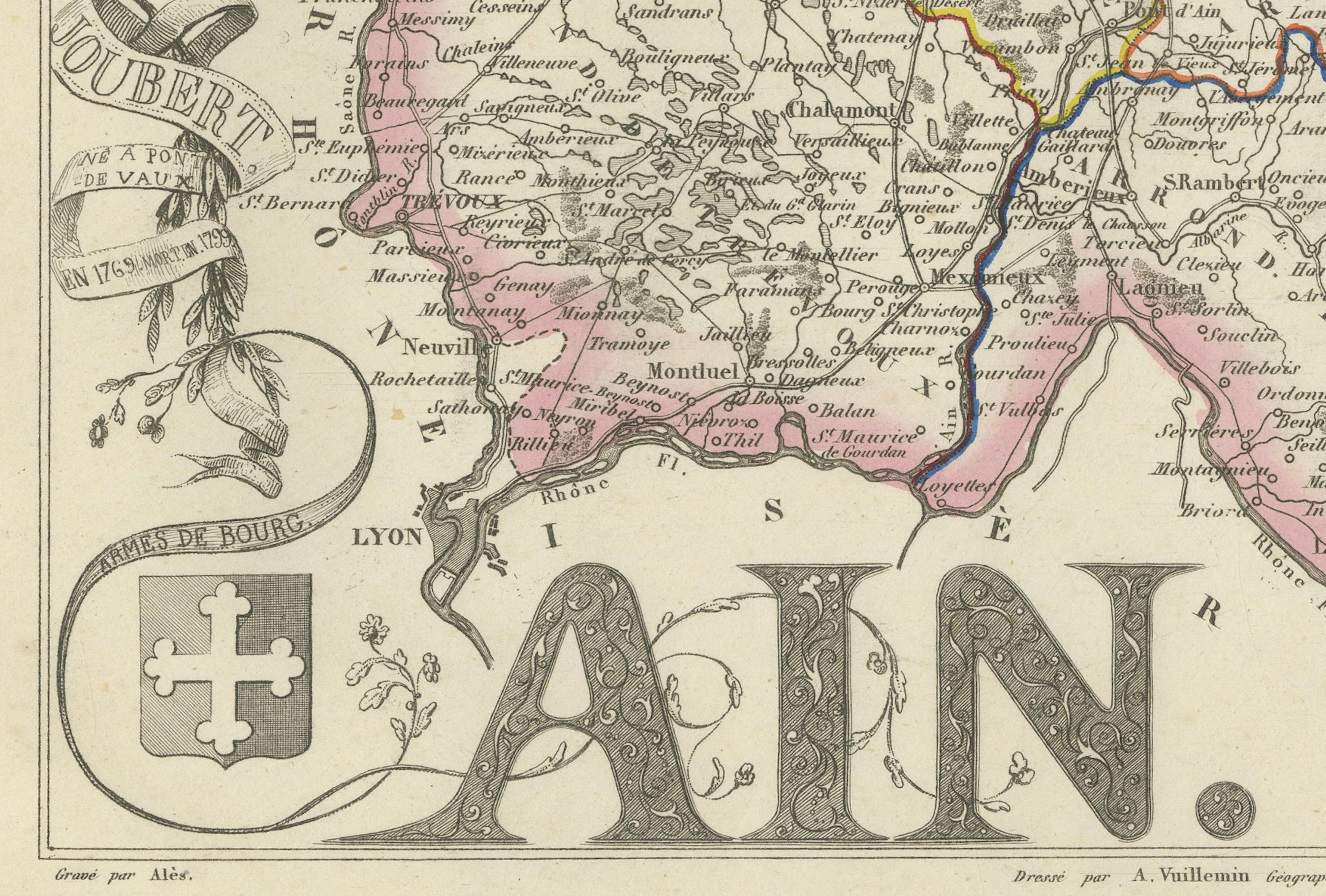 Engraved Map of Ain France with Vineyards of Bugey and Notable Portraits, c.1850 For Sale