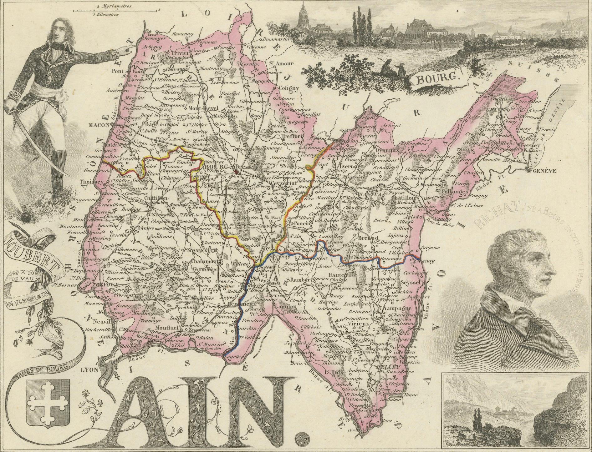 19th Century Map of Ain France with Vineyards of Bugey and Notable Portraits, c.1850 For Sale