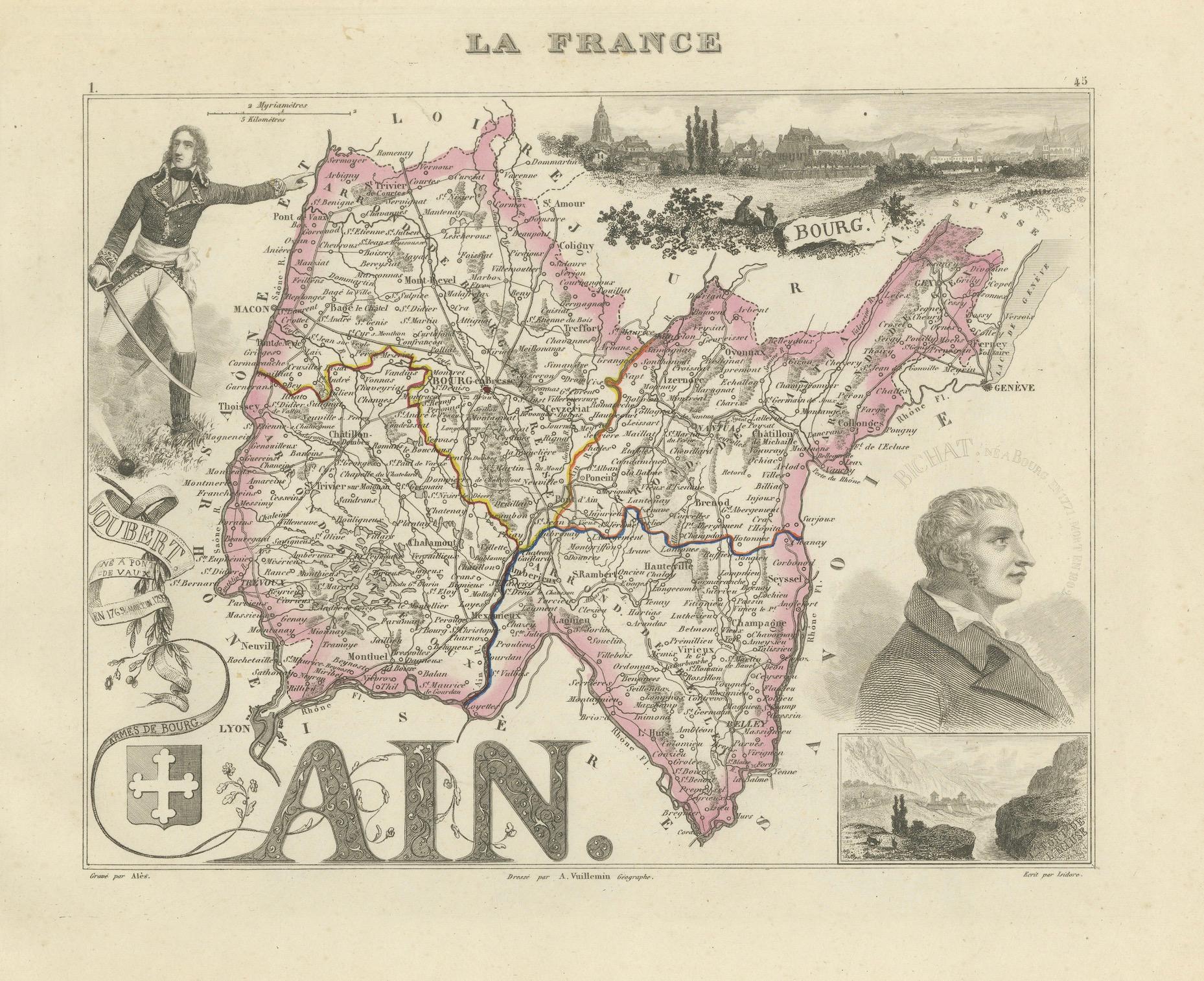 Paper Map of Ain France with Vineyards of Bugey and Notable Portraits, c.1850 For Sale