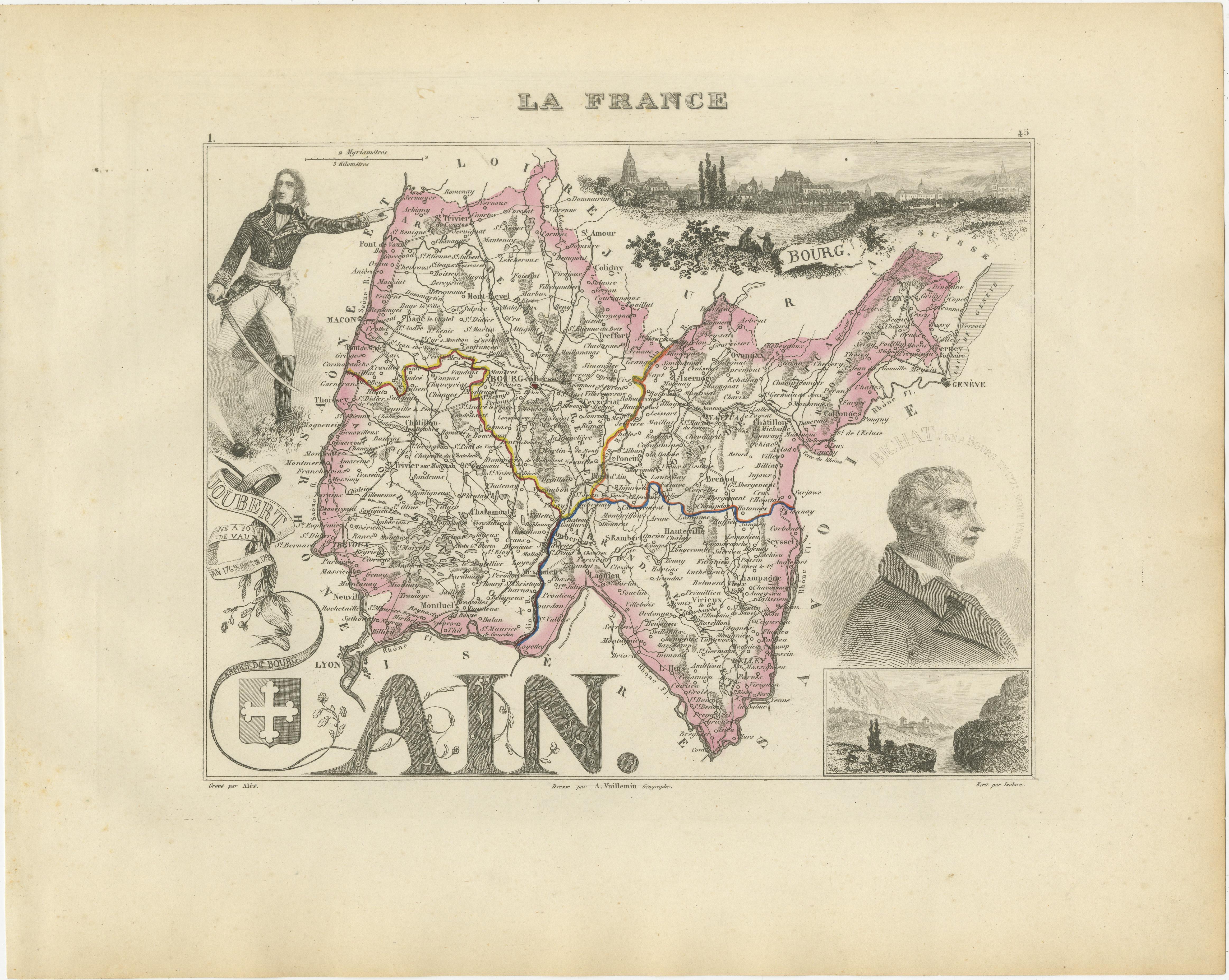 Map of Ain France with Vineyards of Bugey and Notable Portraits, c.1850 For Sale 1